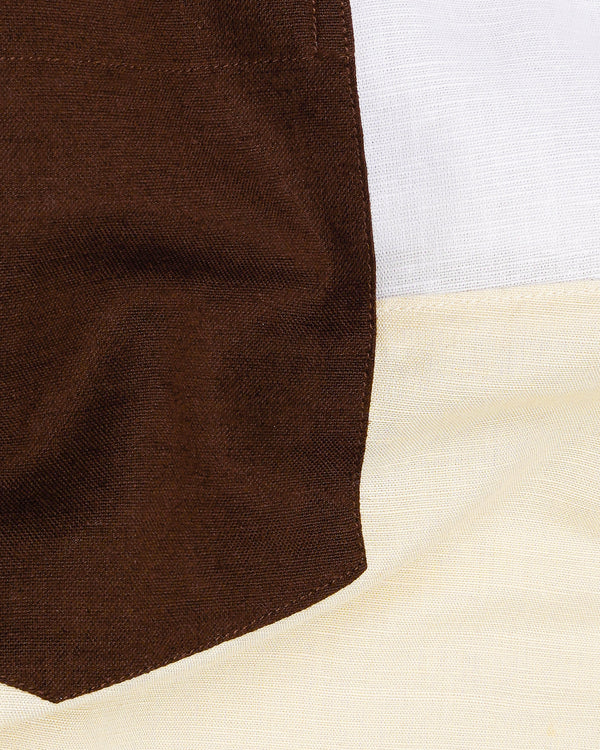 Bistre Brown with Periglacial Cream and White Luxurious Linen Designer Block Pattern Shirt         8051-P118-38, 8051-P118-39, 8051-P118-40, 8051-P118-42, 8051-P118-44, 8051-P118-46, 8051-P118-48, 8051-P118-50, 8051-P118-52