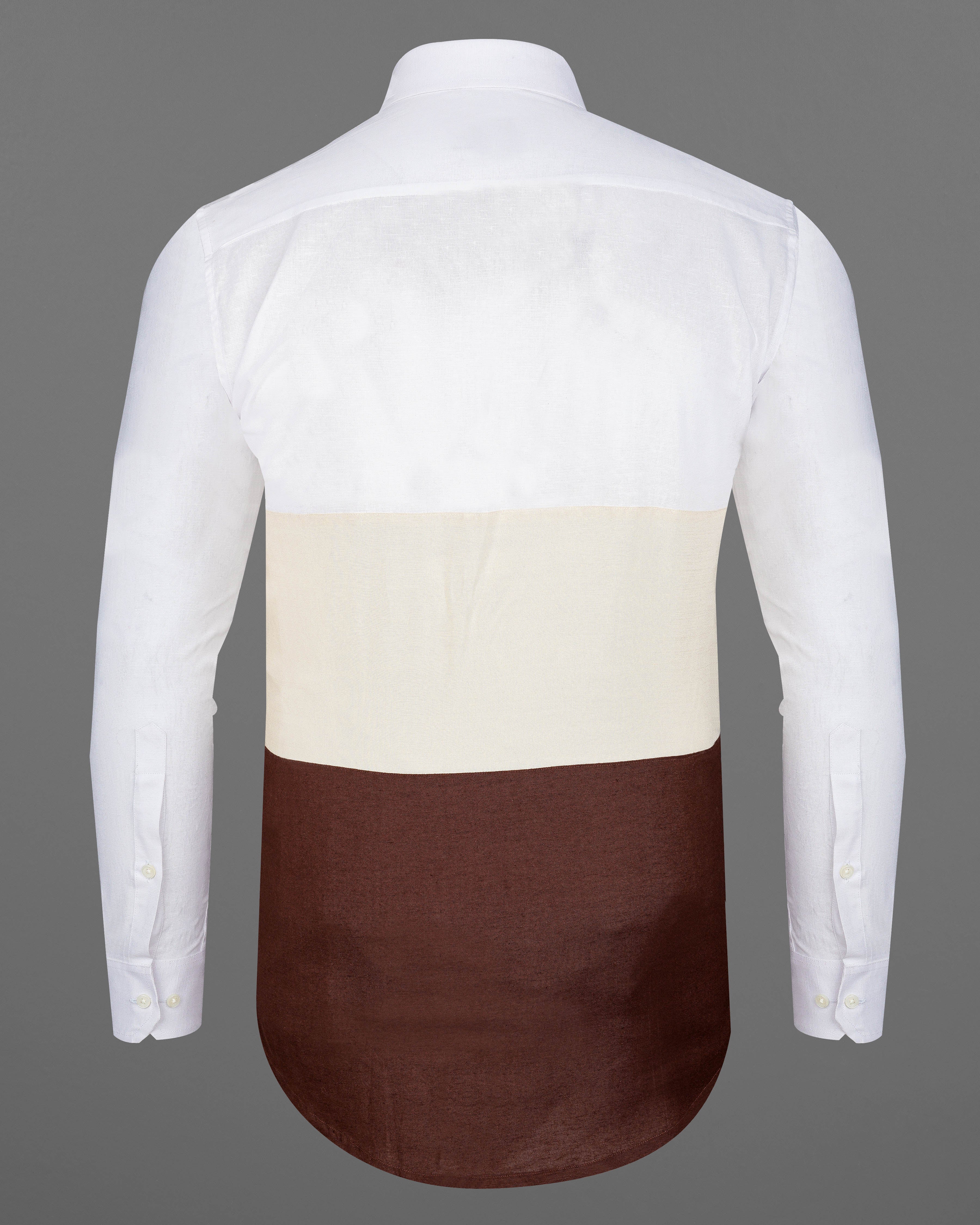 Bistre Brown with Periglacial Cream and White Luxurious Linen Designer Block Pattern Shirt         8051-P118-38, 8051-P118-39, 8051-P118-40, 8051-P118-42, 8051-P118-44, 8051-P118-46, 8051-P118-48, 8051-P118-50, 8051-P118-52