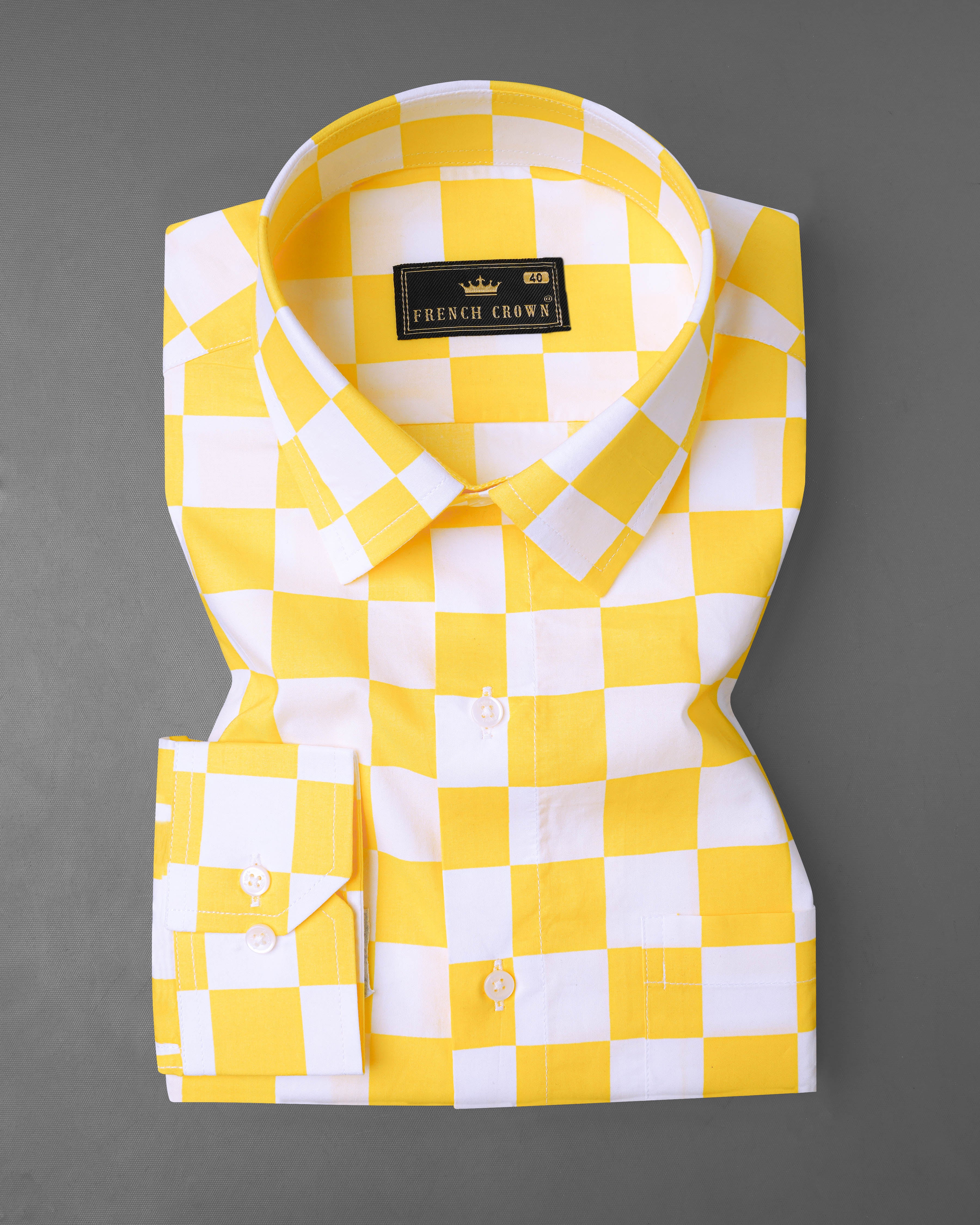 Bright White and Macaroni Yellow Checked Premium Cotton Shirt 8069-38, 8069-H-38, 8069-39, 8069-H-39, 8069-40, 8069-H-40, 8069-42, 8069-H-42, 8069-44, 8069-H-44, 8069-46, 8069-H-46, 8069-48, 8069-H-48, 8069-50, 8069-H-50, 8069-52, 8069-H-52