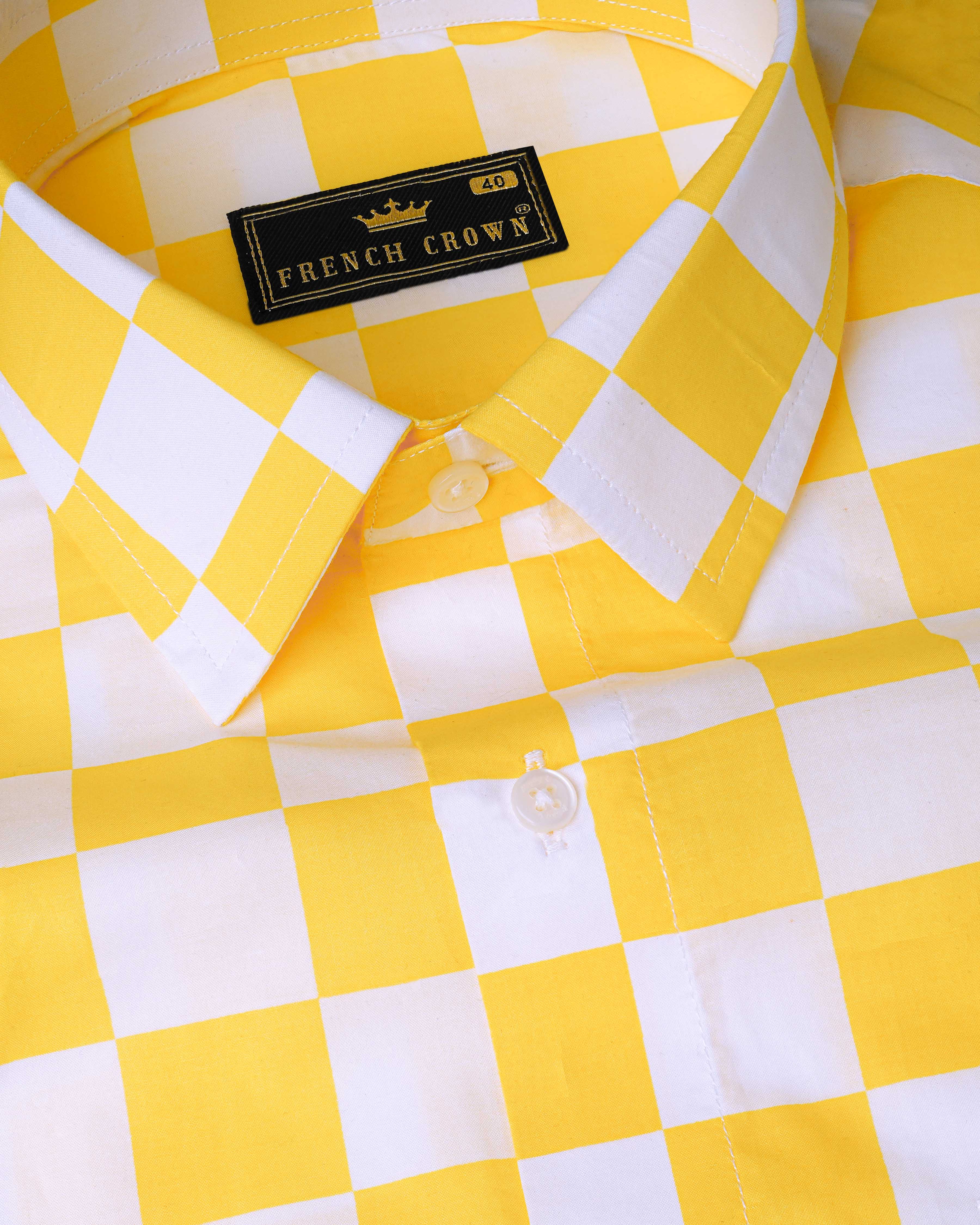 Bright White and Macaroni Yellow Checked Premium Cotton Shirt 8069-38, 8069-H-38, 8069-39, 8069-H-39, 8069-40, 8069-H-40, 8069-42, 8069-H-42, 8069-44, 8069-H-44, 8069-46, 8069-H-46, 8069-48, 8069-H-48, 8069-50, 8069-H-50, 8069-52, 8069-H-52