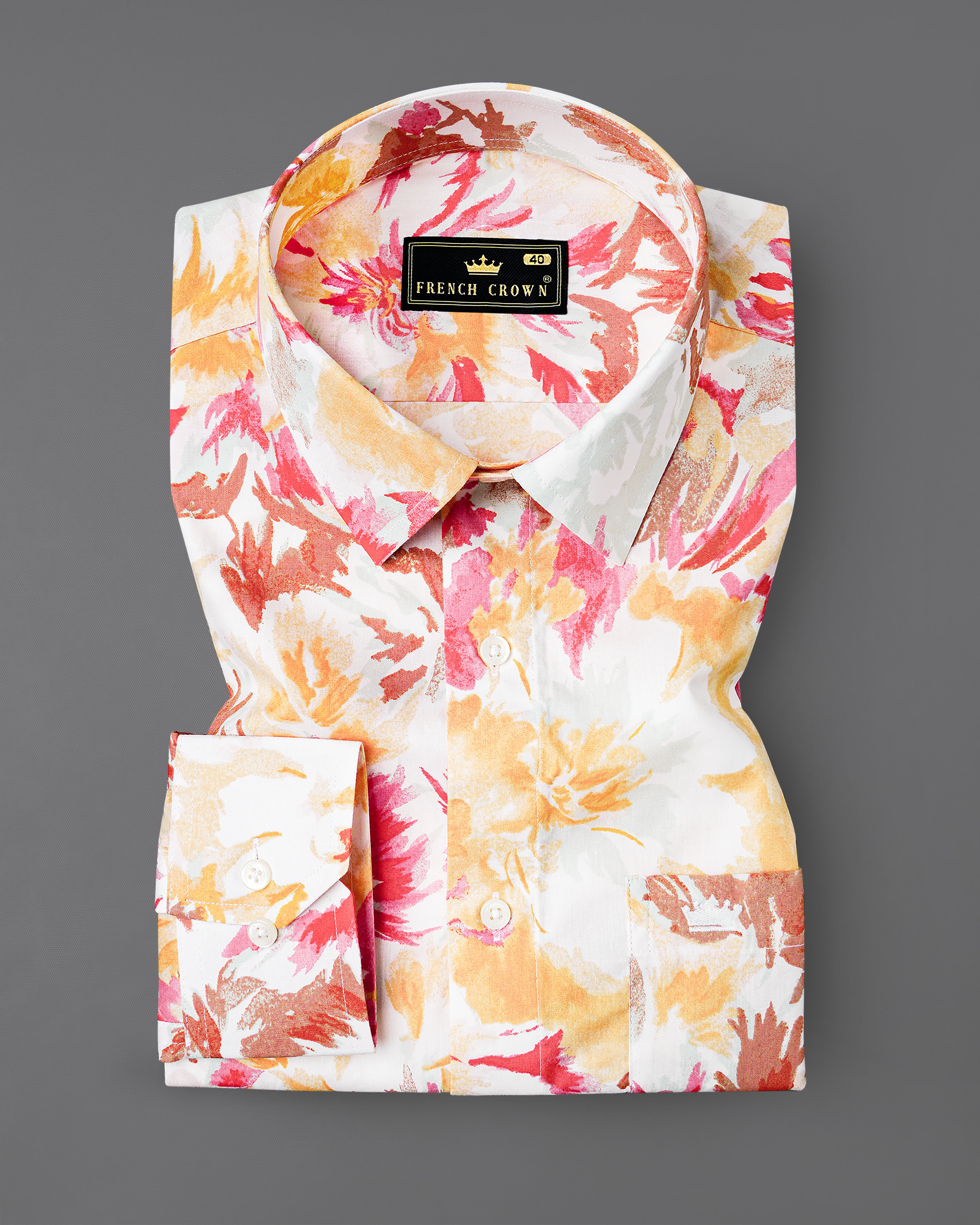 Bright White with Casablanca Yellow and Faded Red Floral Printed Premium Cotton Shirt 8073-38, 8073-H-38, 8073-39, 8073-H-39, 8073-40, 8073-H-40, 8073-42, 8073-H-42, 8073-44, 8073-H-44, 8073-46, 8073-H-46, 8073-48, 8073-H-48, 8073-50, 8073-H-50, 8073-52, 8073-H-52