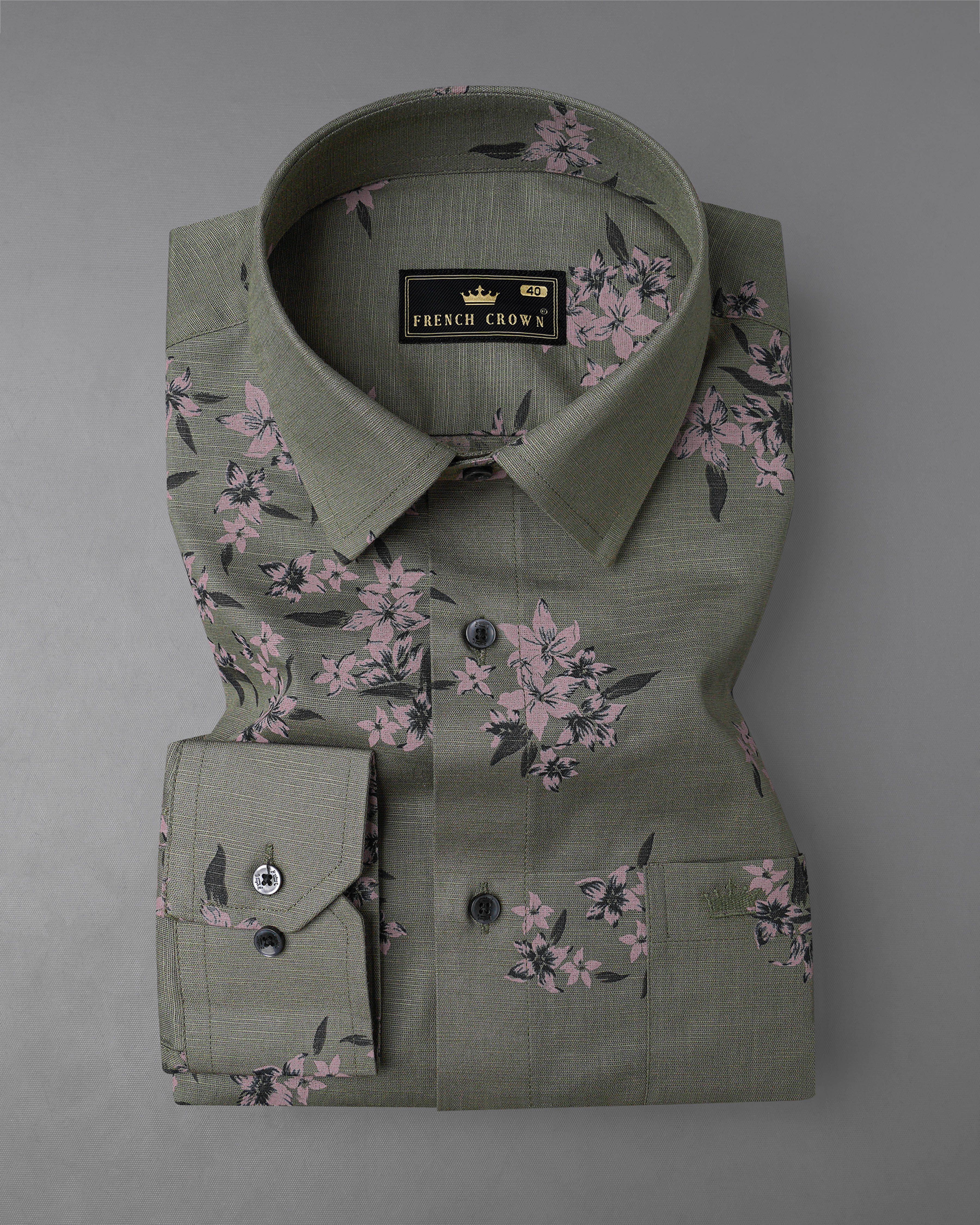 Fuscous Green With Floral Printed Luxurious Linen Shirt 8074-BLK-38, 8074-BLK-H-38, 8074-BLK-39, 8074-BLK-H-39, 8074-BLK-40, 8074-BLK-H-40, 8074-BLK-42, 8074-BLK-H-42, 8074-BLK-44, 8074-BLK-H-44, 8074-BLK-46, 8074-BLK-H-46, 8074-BLK-48, 8074-BLK-H-48, 8074-BLK-50, 8074-BLK-H-50, 8074-BLK-52, 8074-BLK-H-52