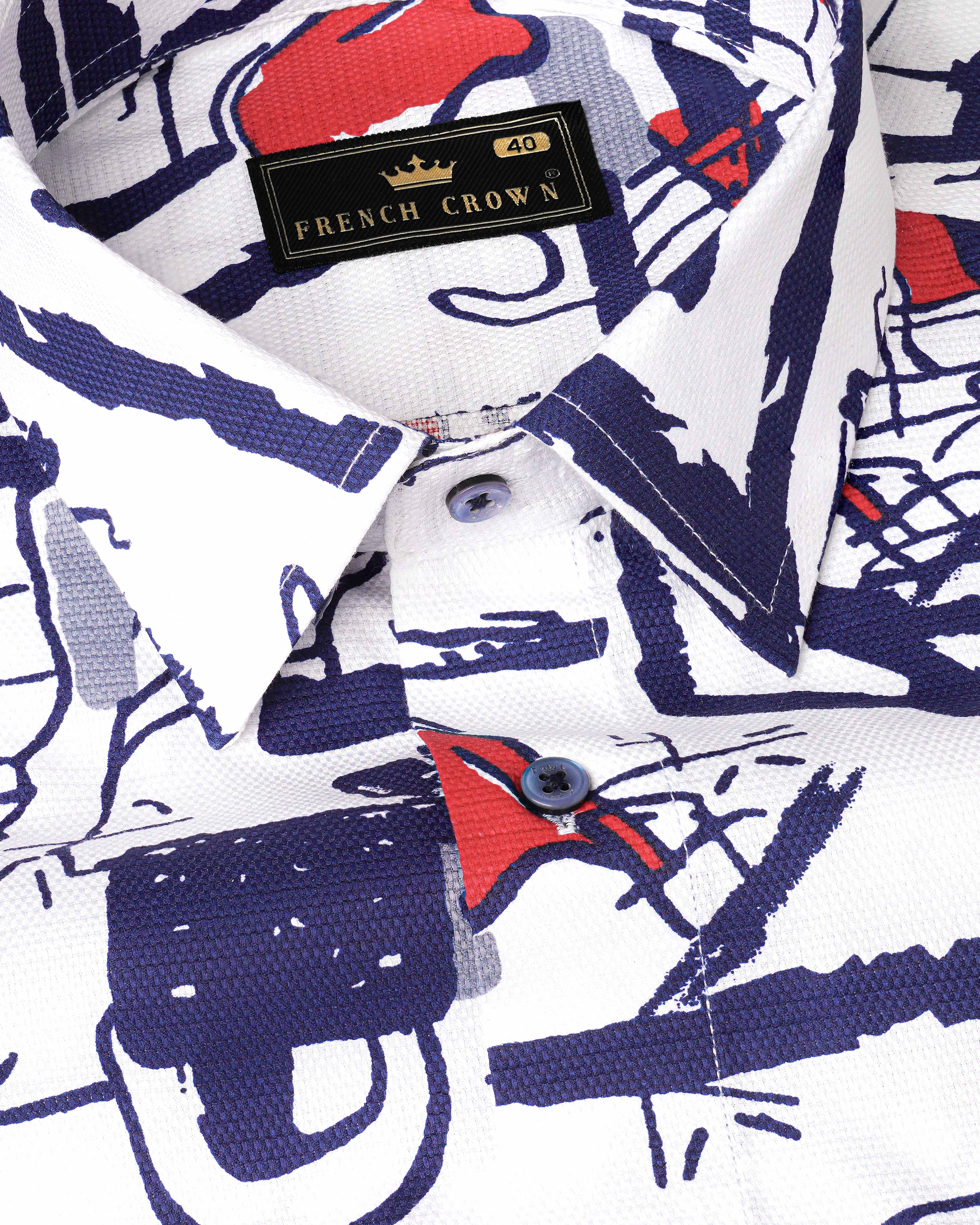 Bright White with Paris Navy Blue Abstract Printed Dobby Textured Premium Giza Cotton Shirt