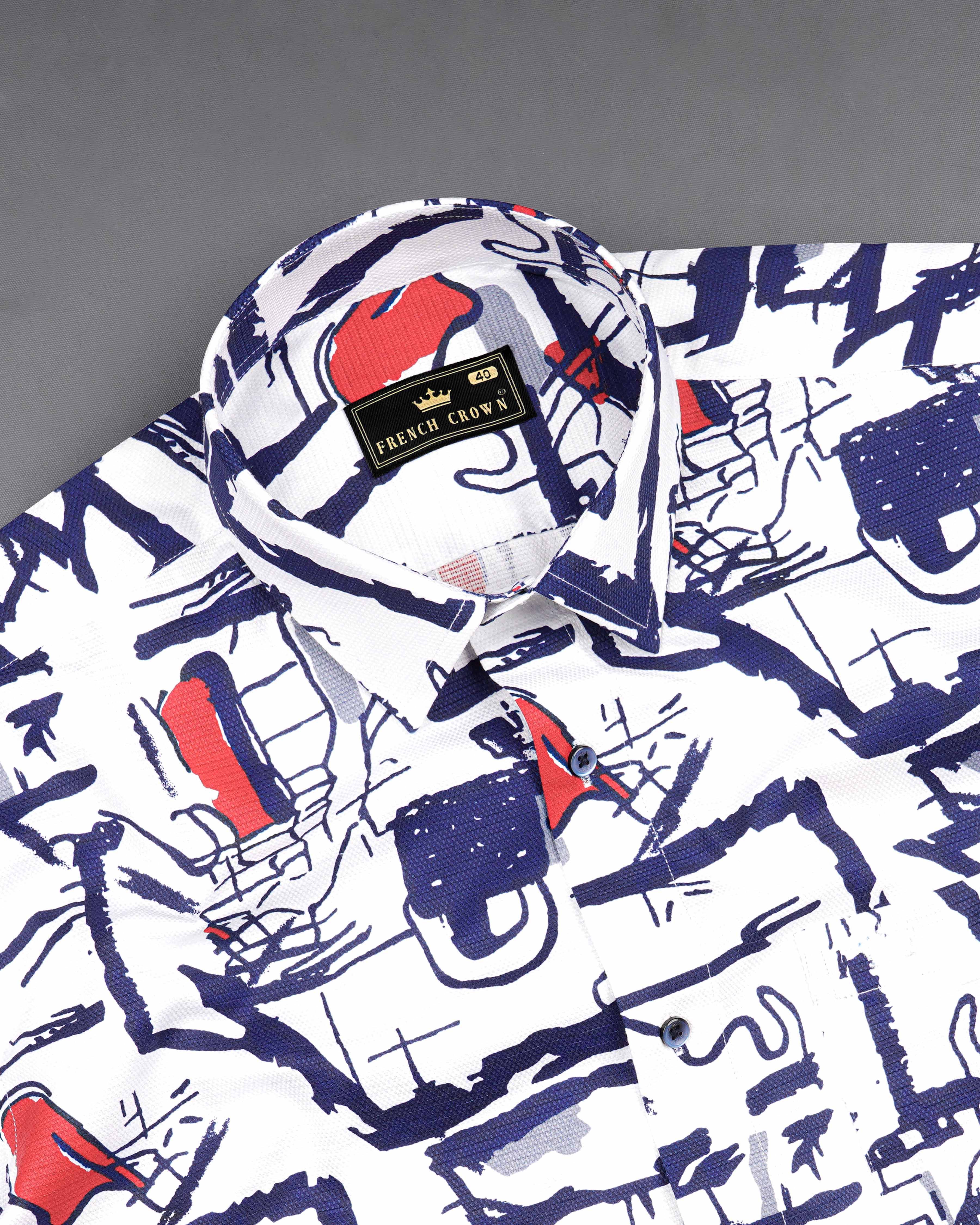 Bright White with Paris Navy Blue Abstract Printed Dobby Textured Premium Giza Cotton Shirt