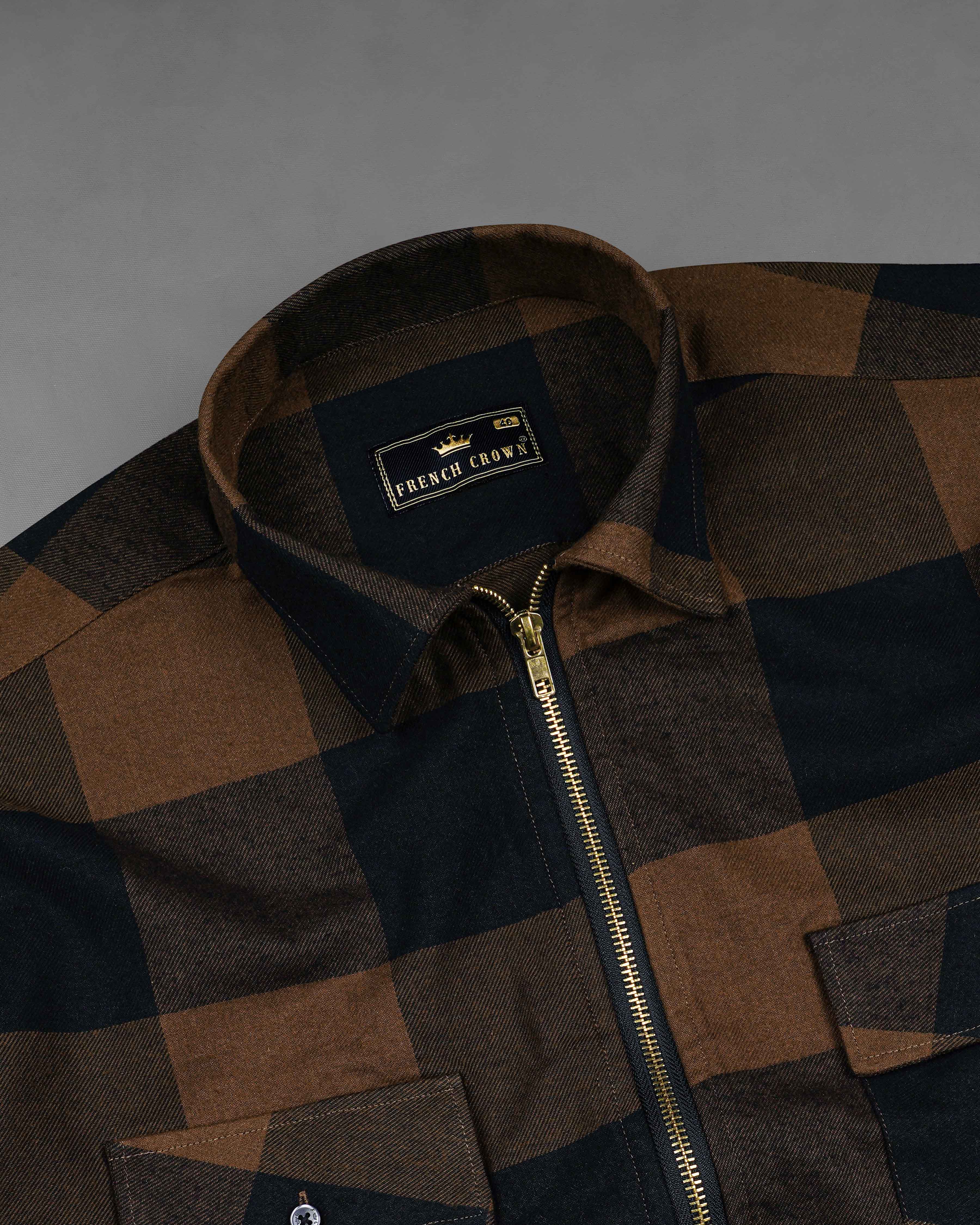 Bracken Brown and Black Checked Zipper Closure Flannel Designer Overshirt 8094-P181-38, 8094-P181-H-38, 8094-P181-39, 8094-P181-H-39, 8094-P181-40, 8094-P181-H-40, 8094-P181-42, 8094-P181-H-42, 8094-P181-44, 8094-P181-H-44, 8094-P181-46, 8094-P181-H-46, 8094-P181-48, 8094-P181-H-48, 8094-P181-50, 8094-P181-H-50, 8094-P181-52, 8094-P181-H-52