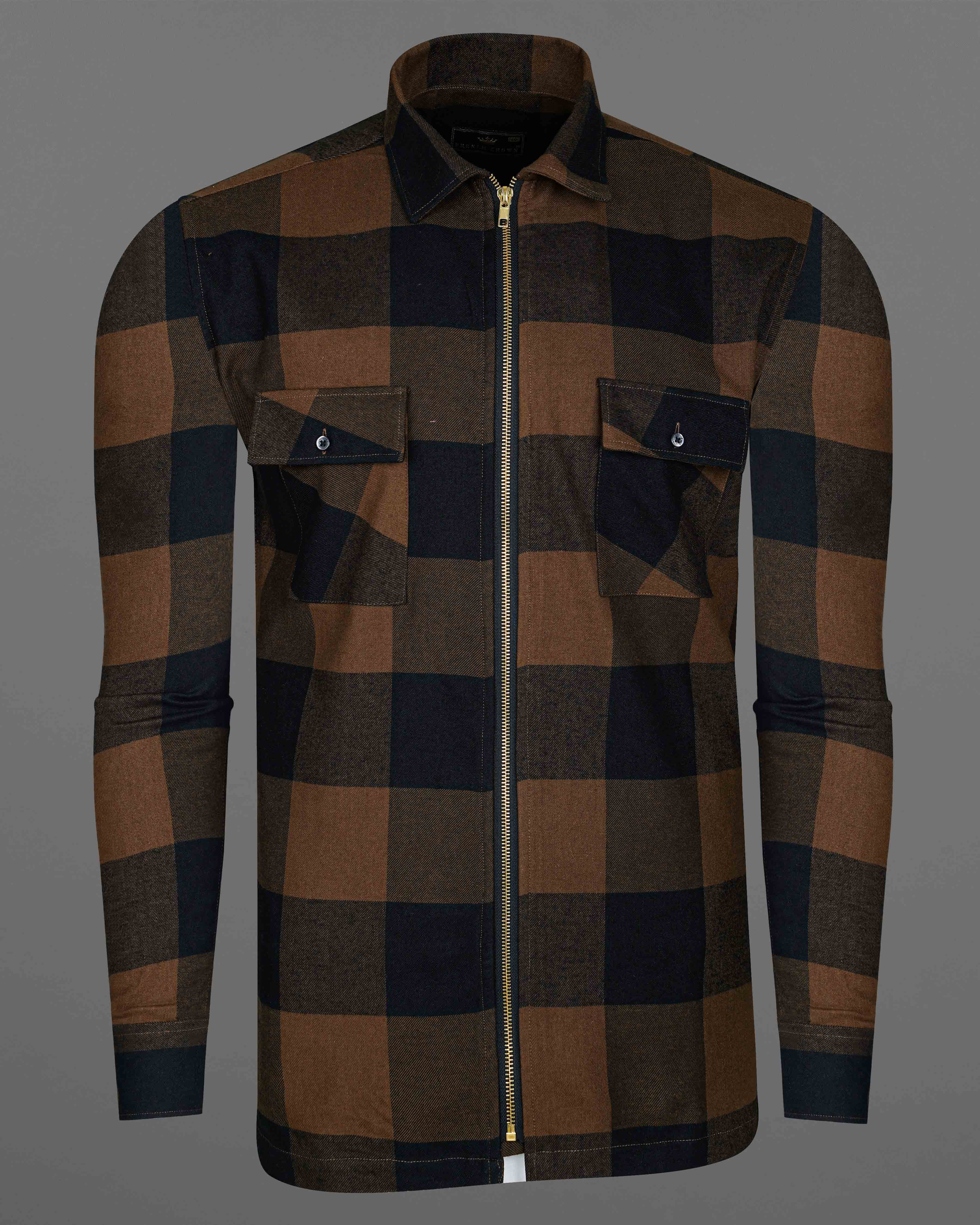 Bracken Brown and Black Checked Zipper Closure Flannel Designer Overshirt 8094-P181-38, 8094-P181-H-38, 8094-P181-39, 8094-P181-H-39, 8094-P181-40, 8094-P181-H-40, 8094-P181-42, 8094-P181-H-42, 8094-P181-44, 8094-P181-H-44, 8094-P181-46, 8094-P181-H-46, 8094-P181-48, 8094-P181-H-48, 8094-P181-50, 8094-P181-H-50, 8094-P181-52, 8094-P181-H-52