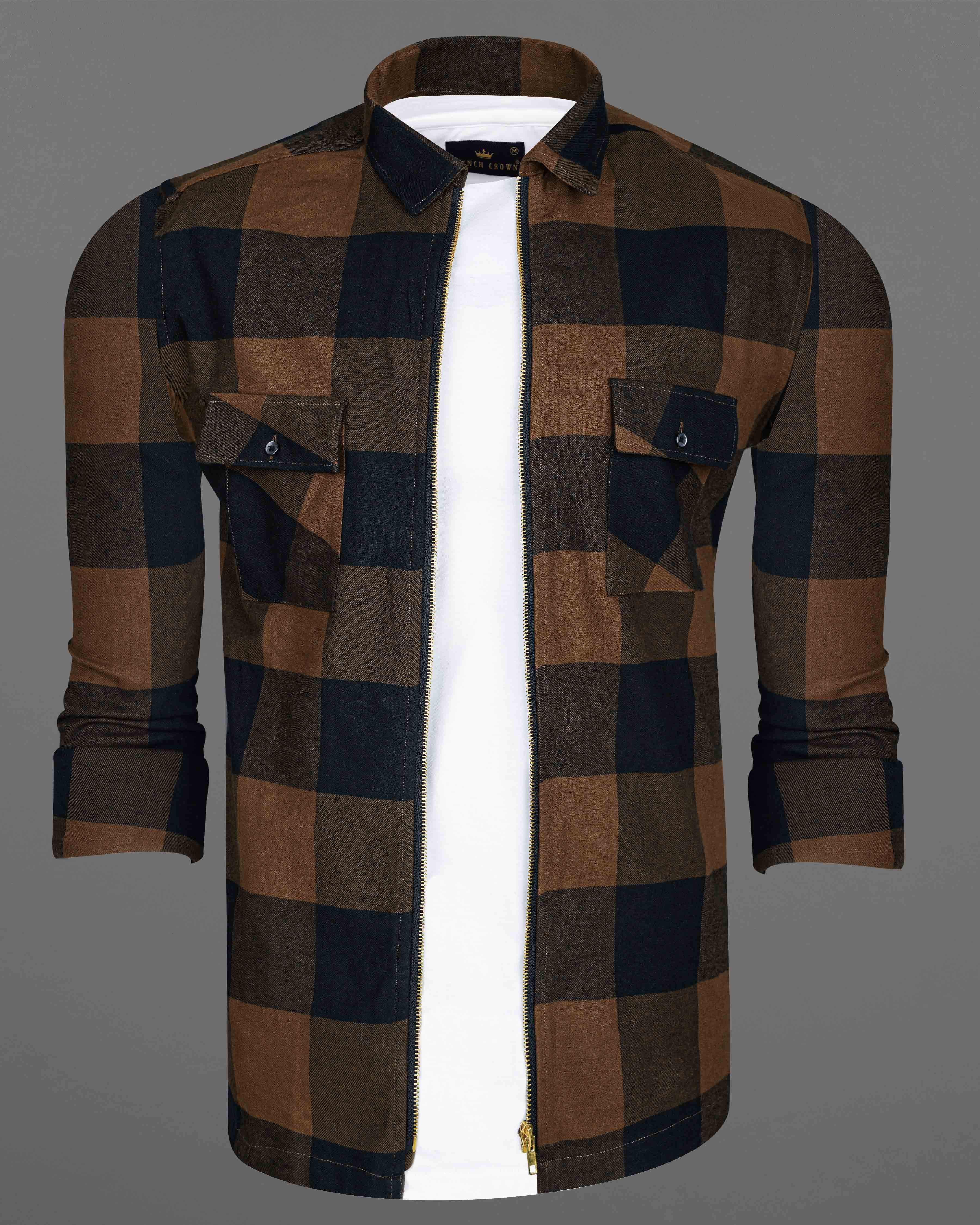 Bracken Brown and Black Checked Zipper Closure Flannel Designer Overshirt 8094-P181-38, 8094-P181-H-38, 8094-P181-39, 8094-P181-H-39, 8094-P181-40, 8094-P181-H-40, 8094-P181-42, 8094-P181-H-42, 8094-P181-44, 8094-P181-H-44, 8094-P181-46, 8094-P181-H-46, 8094-P181-48, 8094-P181-H-48, 8094-P181-50, 8094-P181-H-50, 8094-P181-52, 8094-P181-H-52