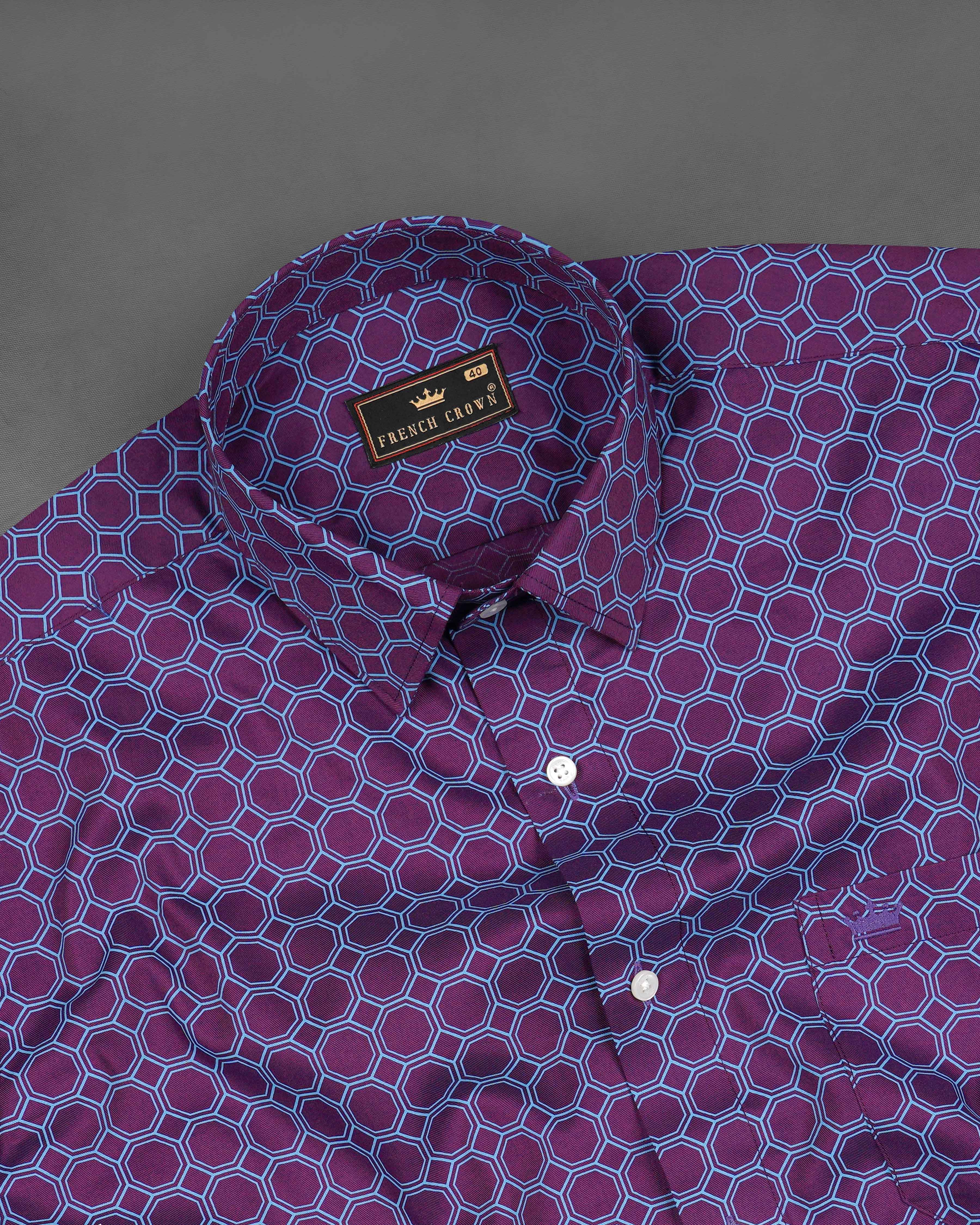 Bossanova Violet with Shakespeare Blue Hexagonal Printed Twill Premium Cotton Shirt 8115-38, 8115-H-38, 8115-39, 8115-H-39, 8115-40, 8115-H-40, 8115-42, 8115-H-42, 8115-44, 8115-H-44, 8115-46, 8115-H-46, 8115-48, 8115-H-48, 8115-50, 8115-H-50, 8115-52, 8115-H-52 