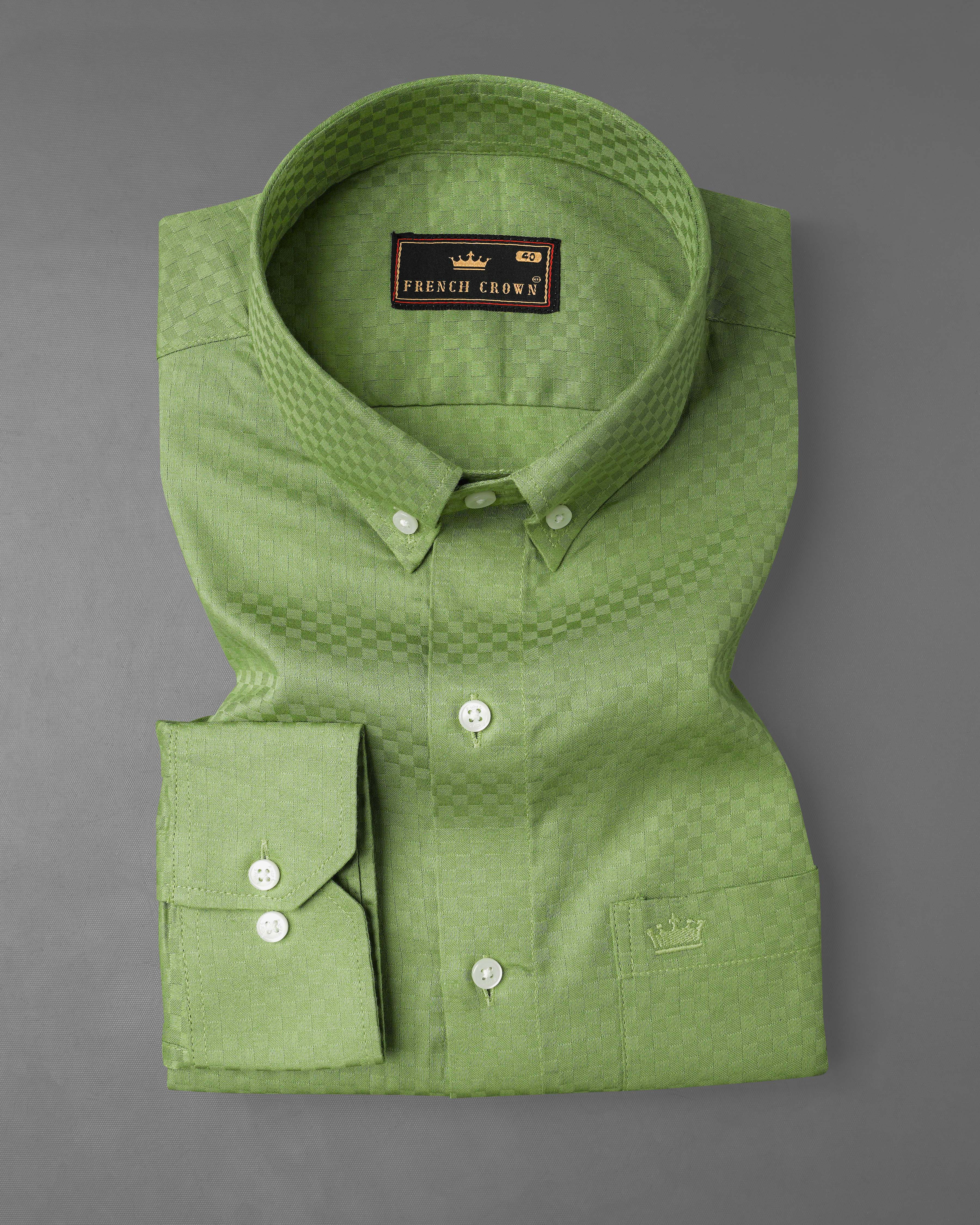 Asparagus Green Checked Dobby Textured Premium Giza Cotton Shirt