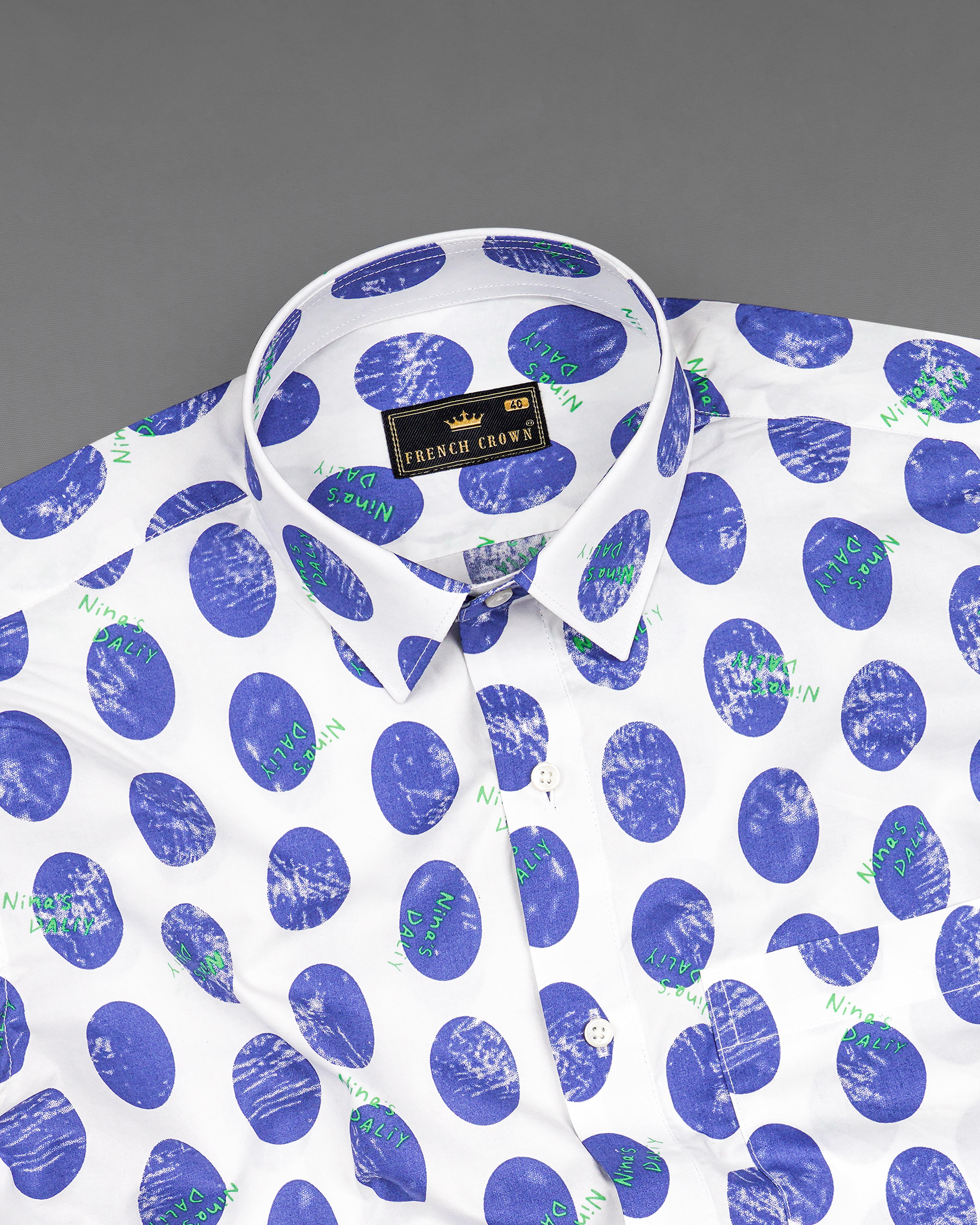 Bright White with Scampi Blue Polka Dotted Premium Cotton Shirt