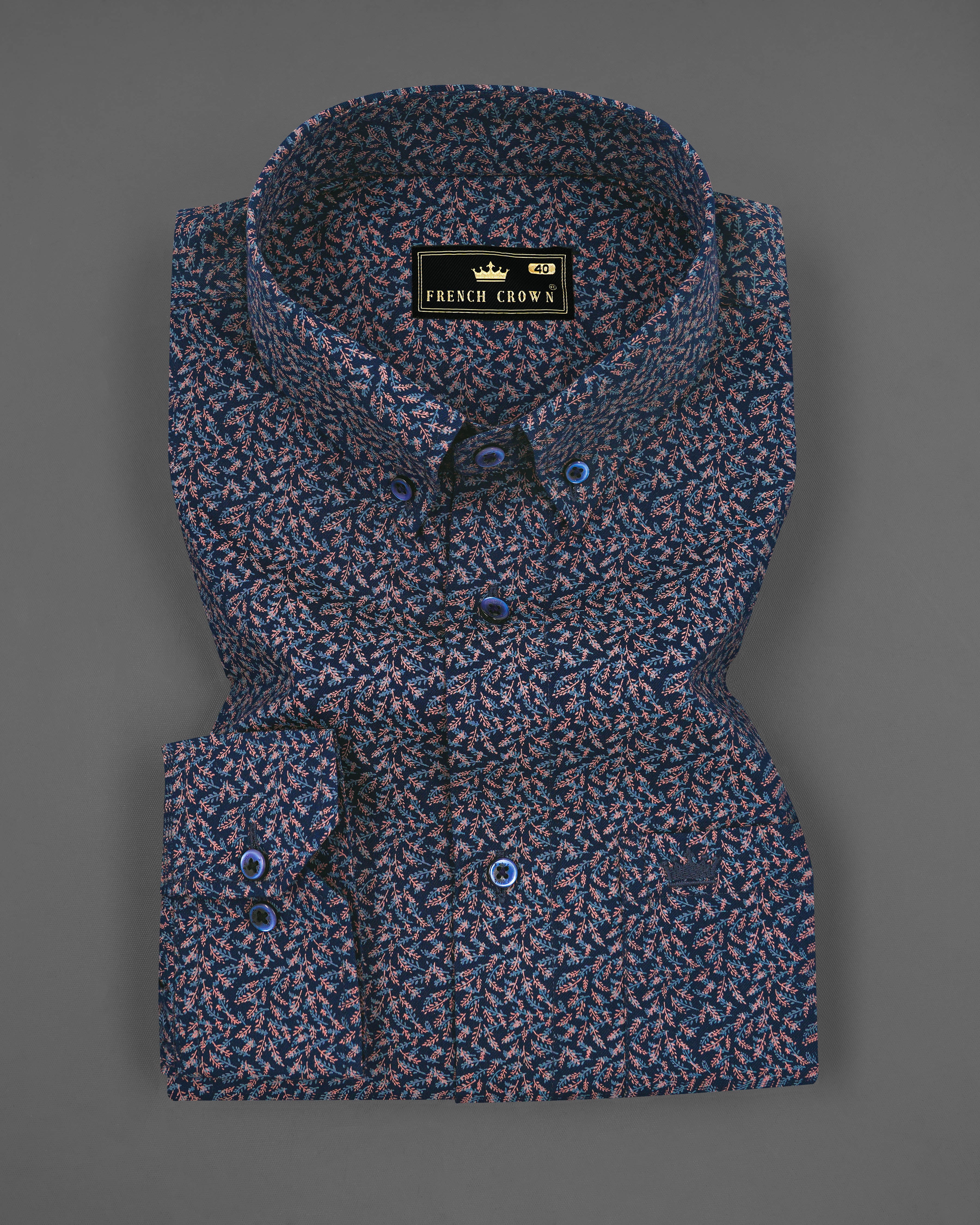 Tangaroa Blue with Copper Rose Peach Ditsy Printed Royal Oxford Shirt