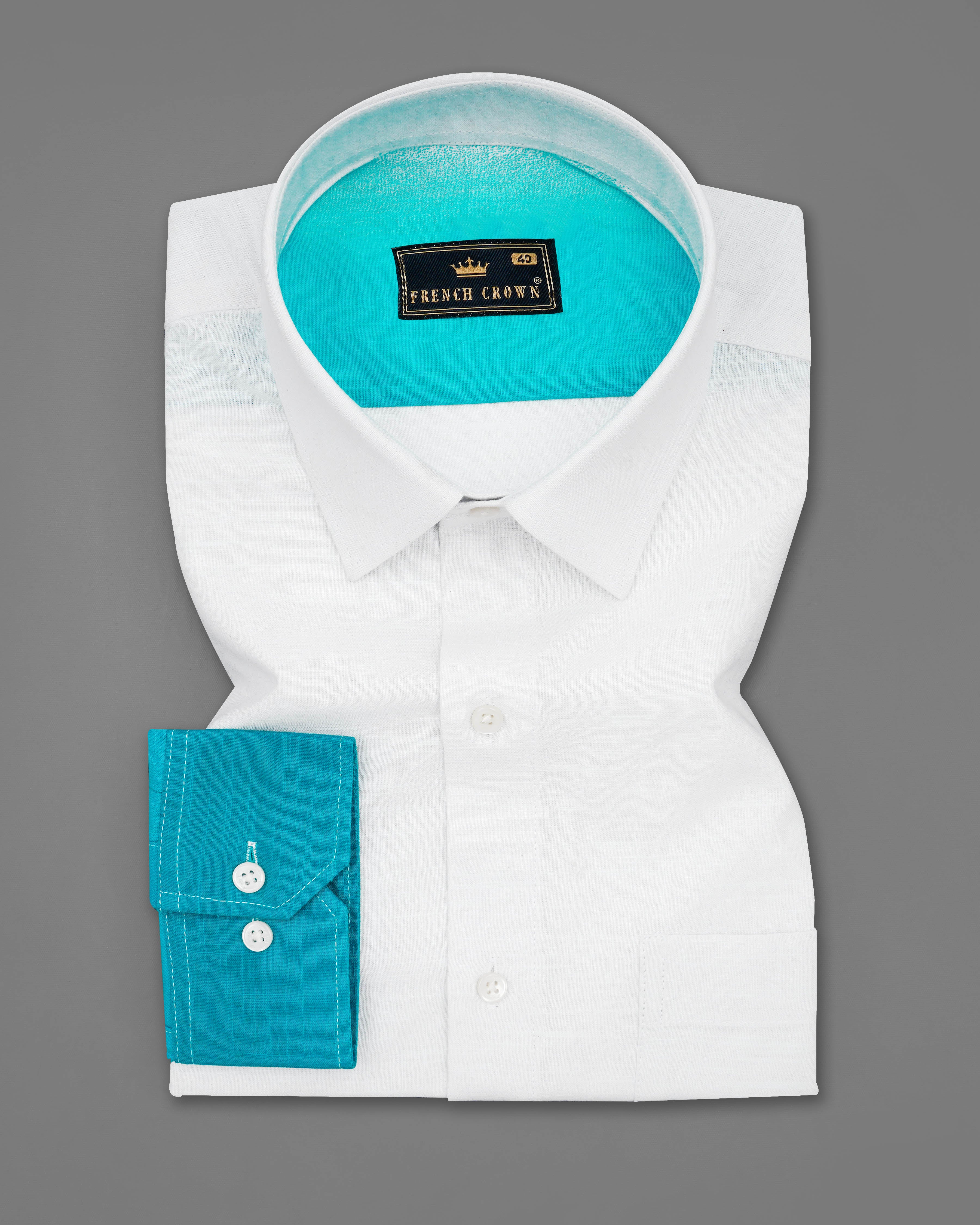 Bright White and Dark Turquoise Blue Chambray Textured Premium Cotton Shirt