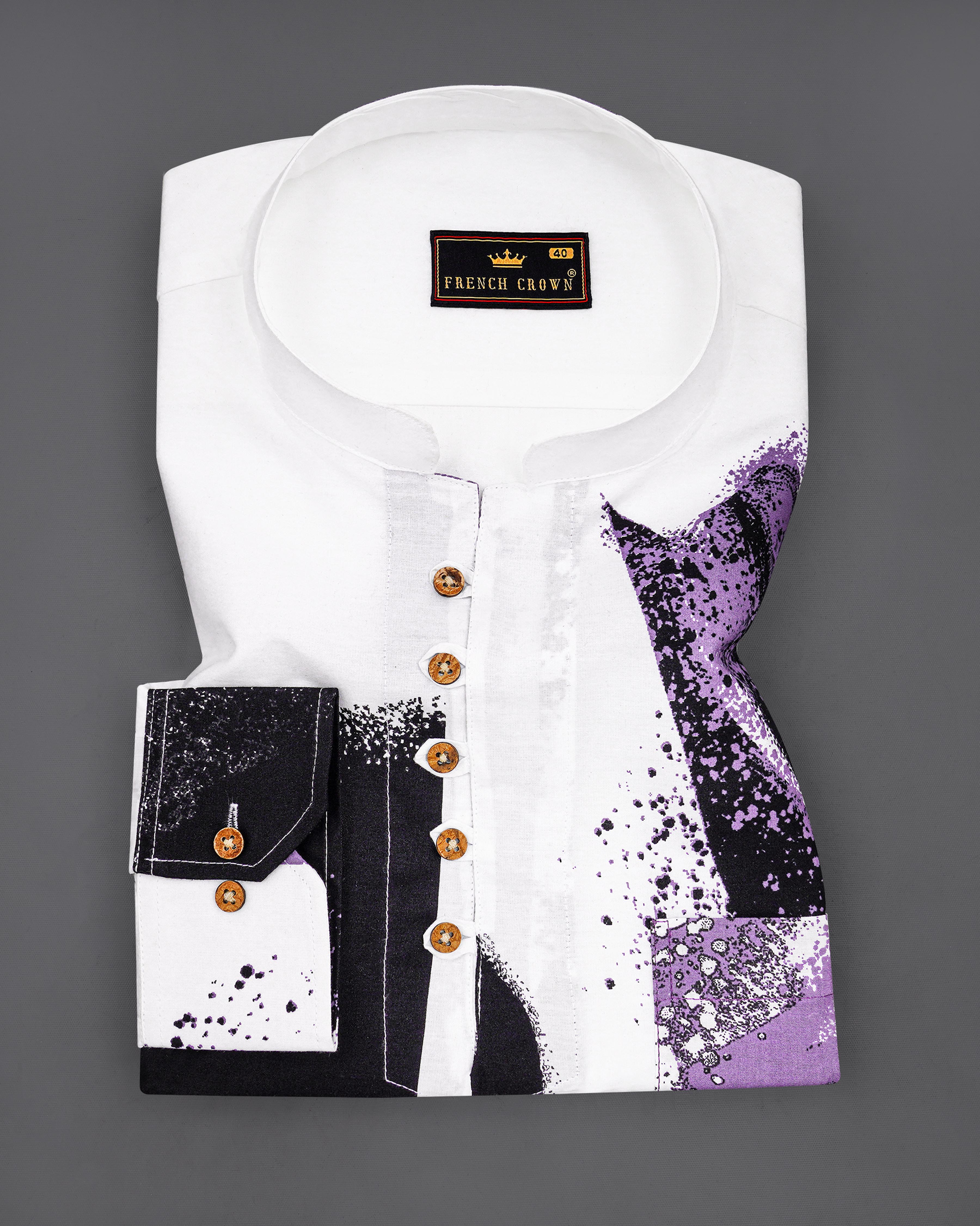Bright White with Viola Purple and Black Printed Premium Cotton Kurta Shirt