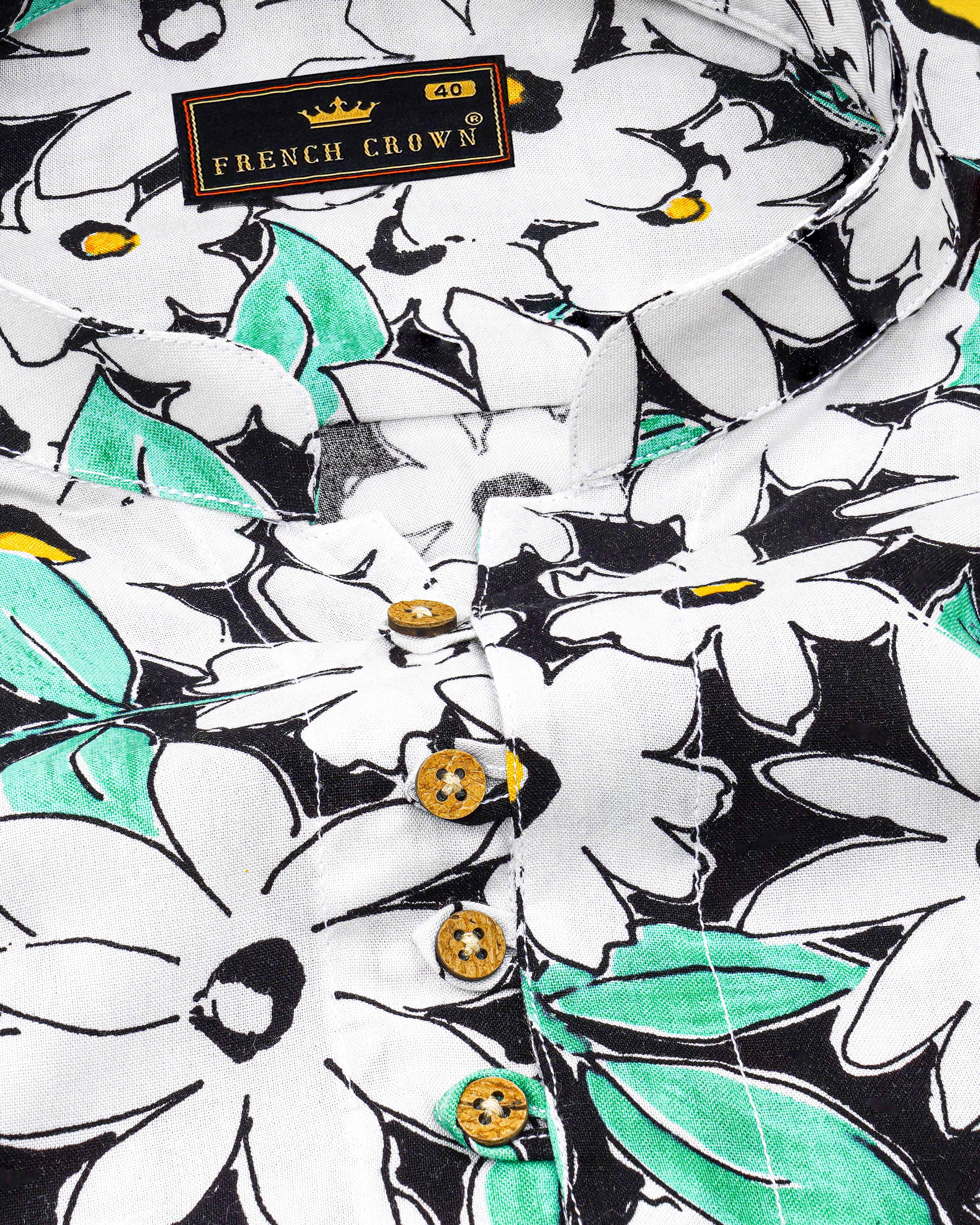 Bright White and Jade Black Floral Printed Premium Tencel Kurta Shirt