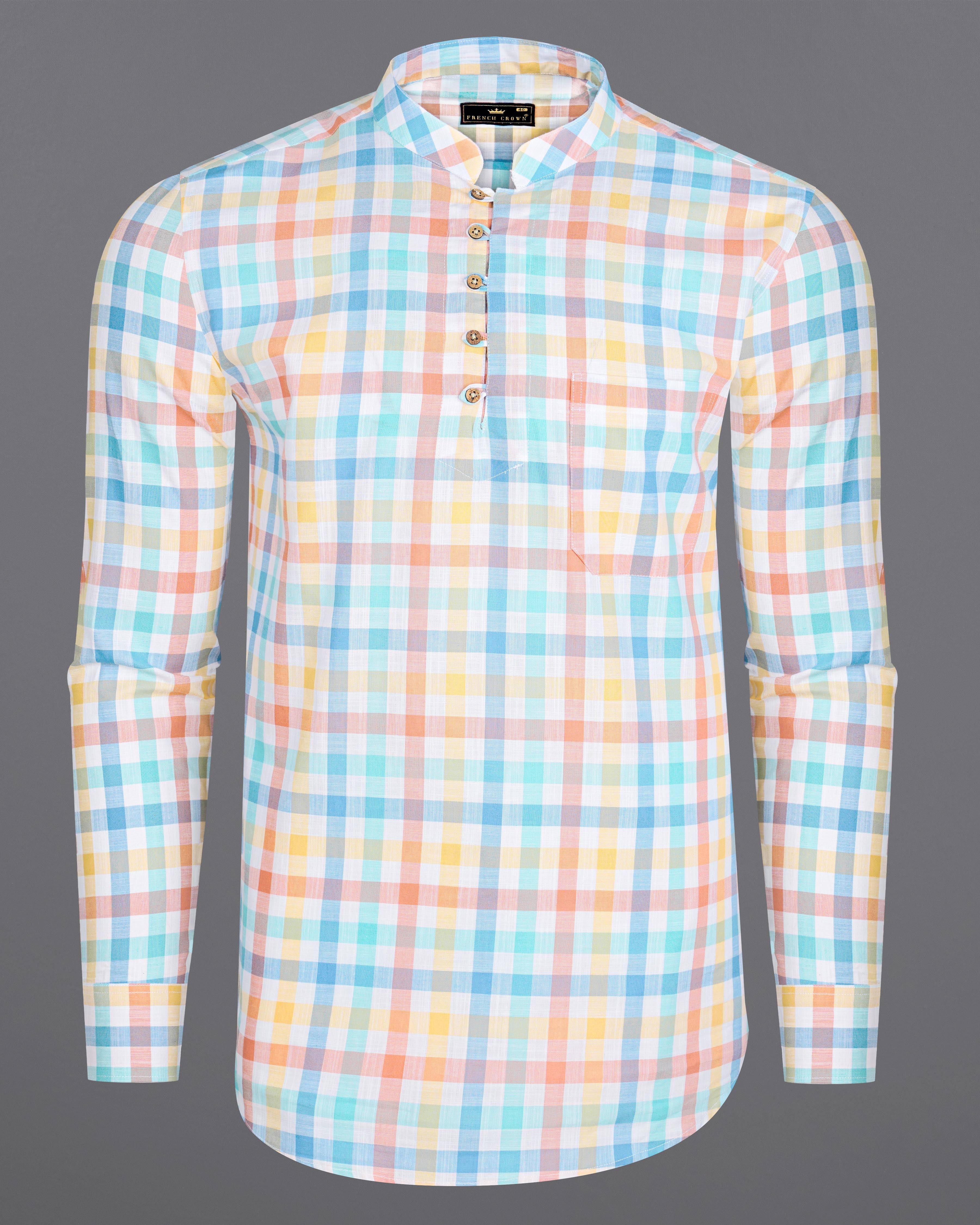 Bright White with Atomic Tangarine Orange Multicolour Checkered Chambray Textured Premium Cotton Kurta Shirt 8226-KS-38, 8226-KS-H-38, 8226-KS-39, 8226-KS-H-39, 8226-KS-40, 8226-KS-H-40, 8226-KS-42, 8226-KS-H-42, 8226-KS-44, 8226-KS-H-44, 8226-KS-46, 8226-KS-H-46, 8226-KS-48, 8226-KS-H-48, 8226-KS-50, 8226-KS-H-50, 8226-KS-52, 8226-KS-H-52