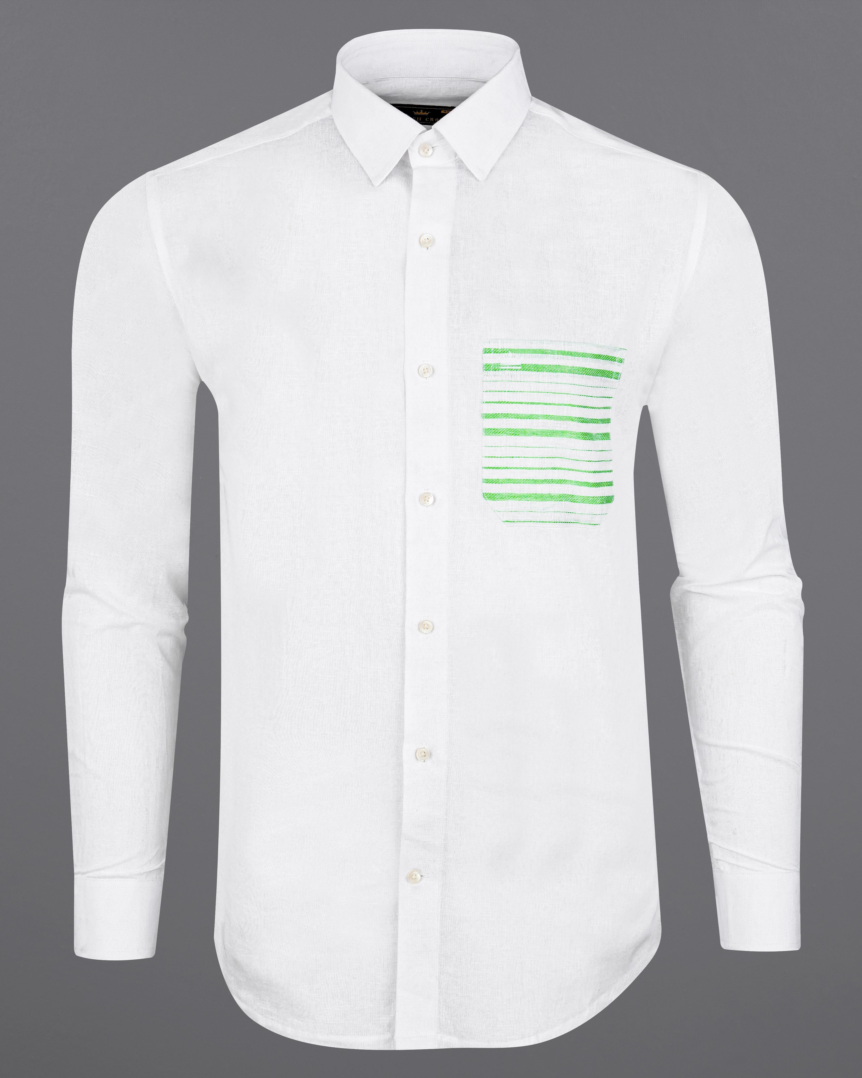Bright White with Green Patch Pocket Luxurious Linen Designer Shirt 8422-38, 8422-H-38, 8422-39,8422-H-39, 8422-40, 8422-H-40, 8422-42, 8422-H-42, 8422-44, 8422-H-44, 8422-46, 8422-H-46, 8422-48, 8422-H-48, 8422-50, 8422-H-50, 8422-52, 8422-H-52