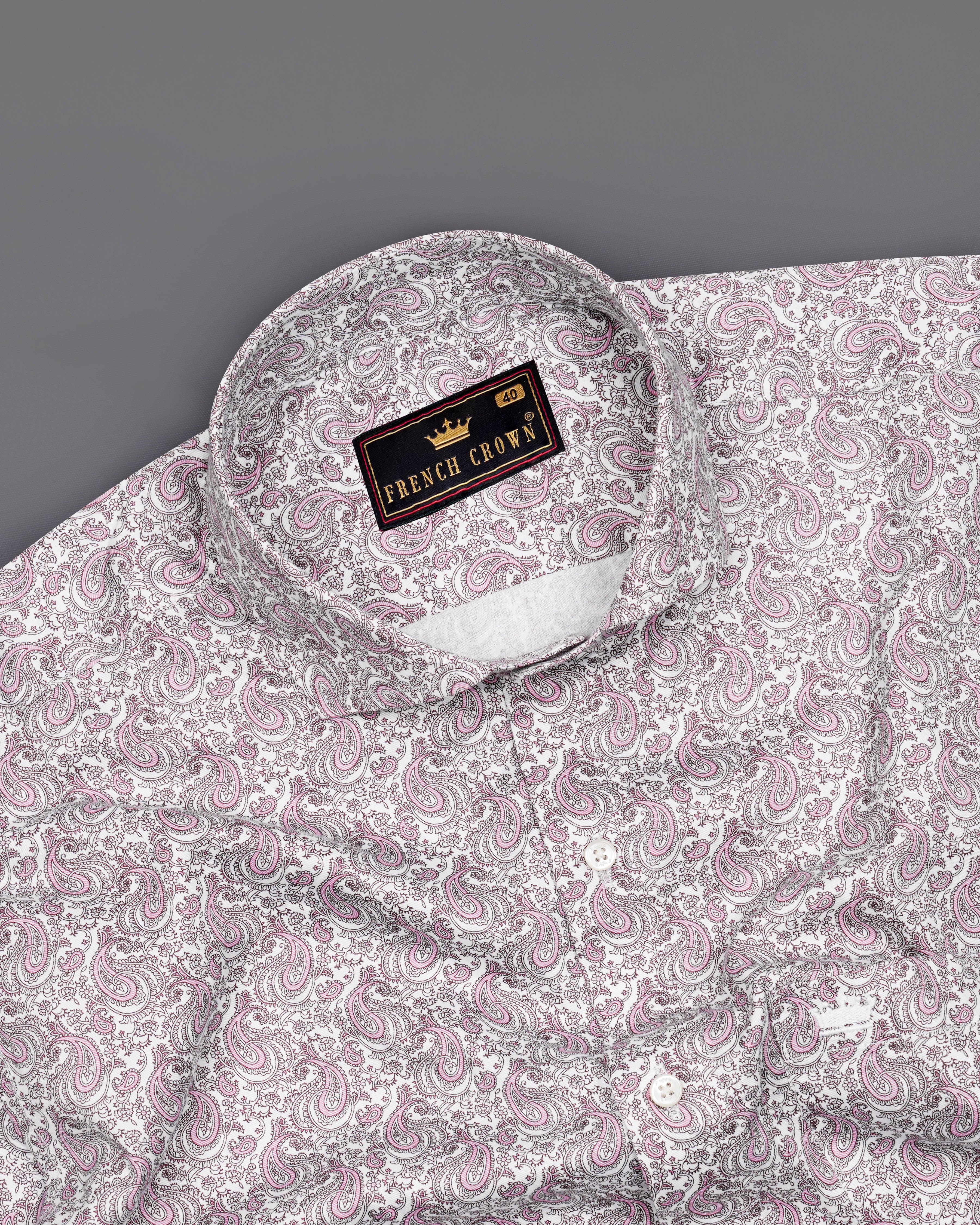 Bright White with Viola Pink Paisley Printed Super Soft Premium Cotton Shirt 8423-CA-38, 8423-CA-H-38, 8423-CA-39,8423-CA-H-39, 8423-CA-40, 8423-CA-H-40, 8423-CA-42, 8423-CA-H-42, 8423-CA-44, 8423-CA-H-44, 8423-CA-46, 8423-CA-H-46, 8423-CA-48, 8423-CA-H-48, 8423-CA-50, 8423-CA-H-50, 8423-CA-52, 8423-CA-H-52