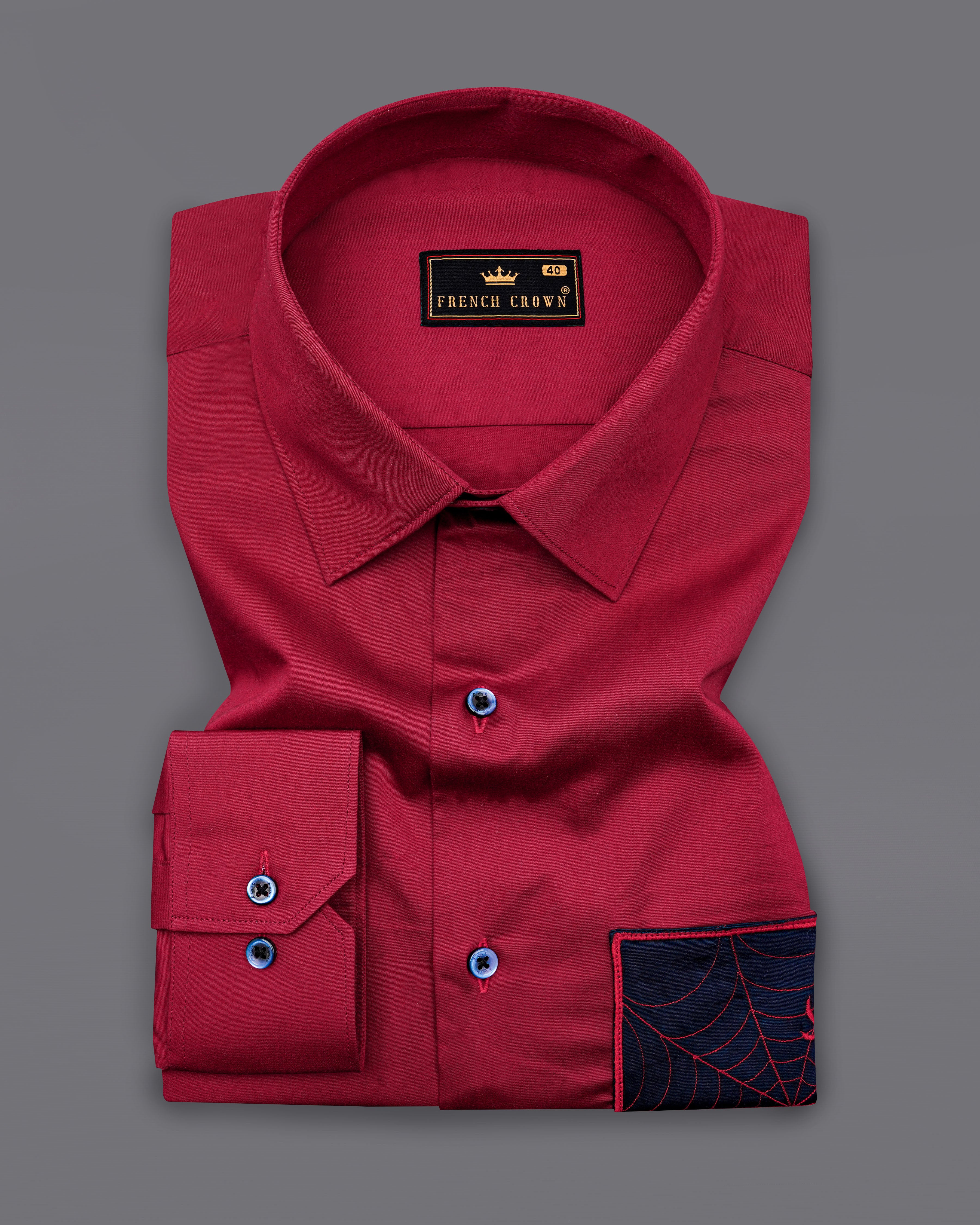 Claret Red with Mirage Subtle Sheen Blue Patch Pocket Spider Embroidered  Super Soft Premium Cotton Shirt 8440-E007-38, 8440-E007-H-38, 8440-E007-39, 8440-E007-H-39, 8440-E007-40, 8440-E007-H-40, 8440-E007-42, 8440-E007-H-42, 8440-E007-44, 8440-E007-H-44, 8440-E007-46, 8440-E007-H-46, 8440-E007-48, 8440-E007-H-48, 8440-E007-50, 8440-E007-H-50, 8440-E007-52, 8440-E007-H-52