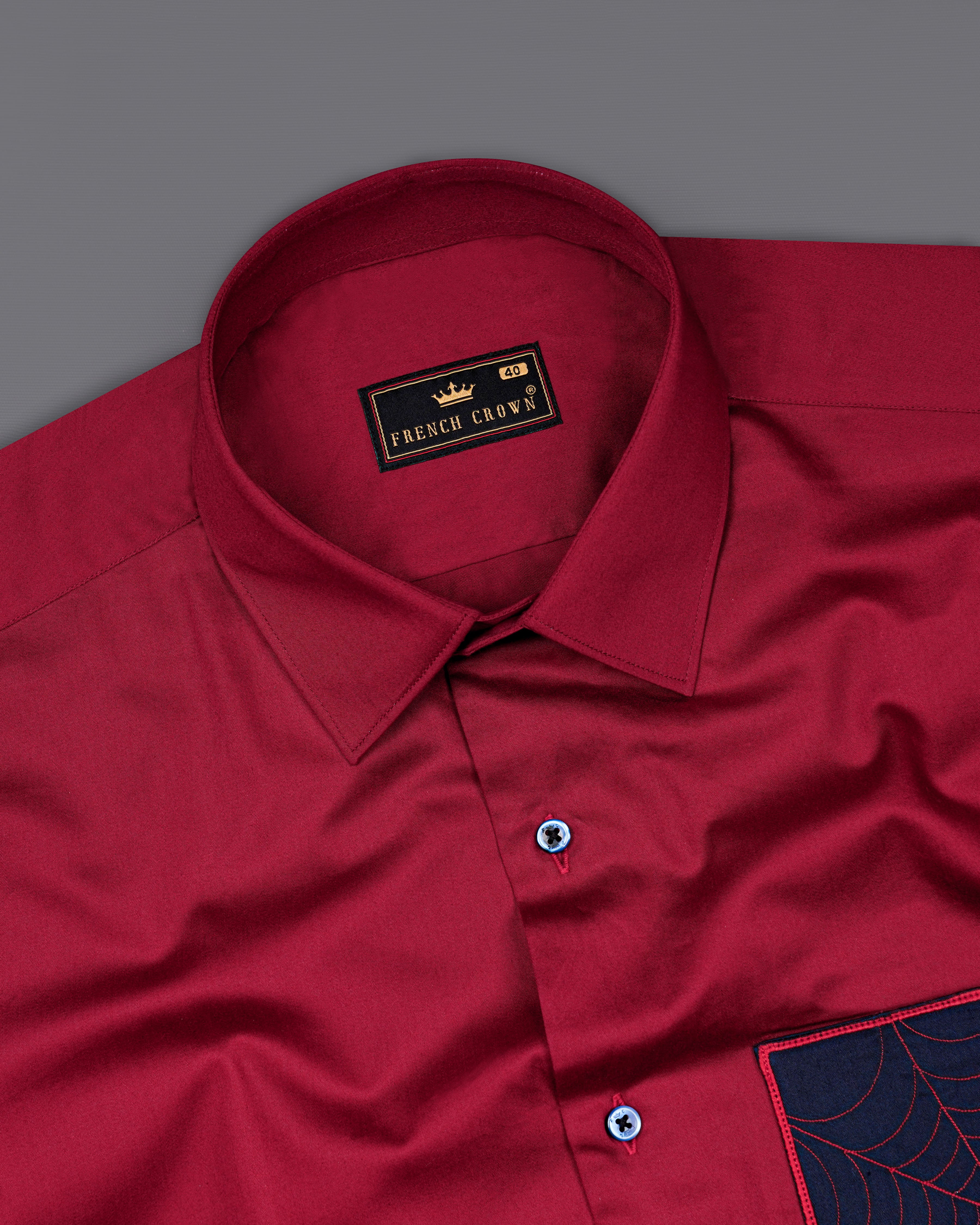 Claret Red with Mirage Subtle Sheen Blue Patch Pocket Spider Embroidered  Super Soft Premium Cotton Shirt 8440-E007-38, 8440-E007-H-38, 8440-E007-39, 8440-E007-H-39, 8440-E007-40, 8440-E007-H-40, 8440-E007-42, 8440-E007-H-42, 8440-E007-44, 8440-E007-H-44, 8440-E007-46, 8440-E007-H-46, 8440-E007-48, 8440-E007-H-48, 8440-E007-50, 8440-E007-H-50, 8440-E007-52, 8440-E007-H-52