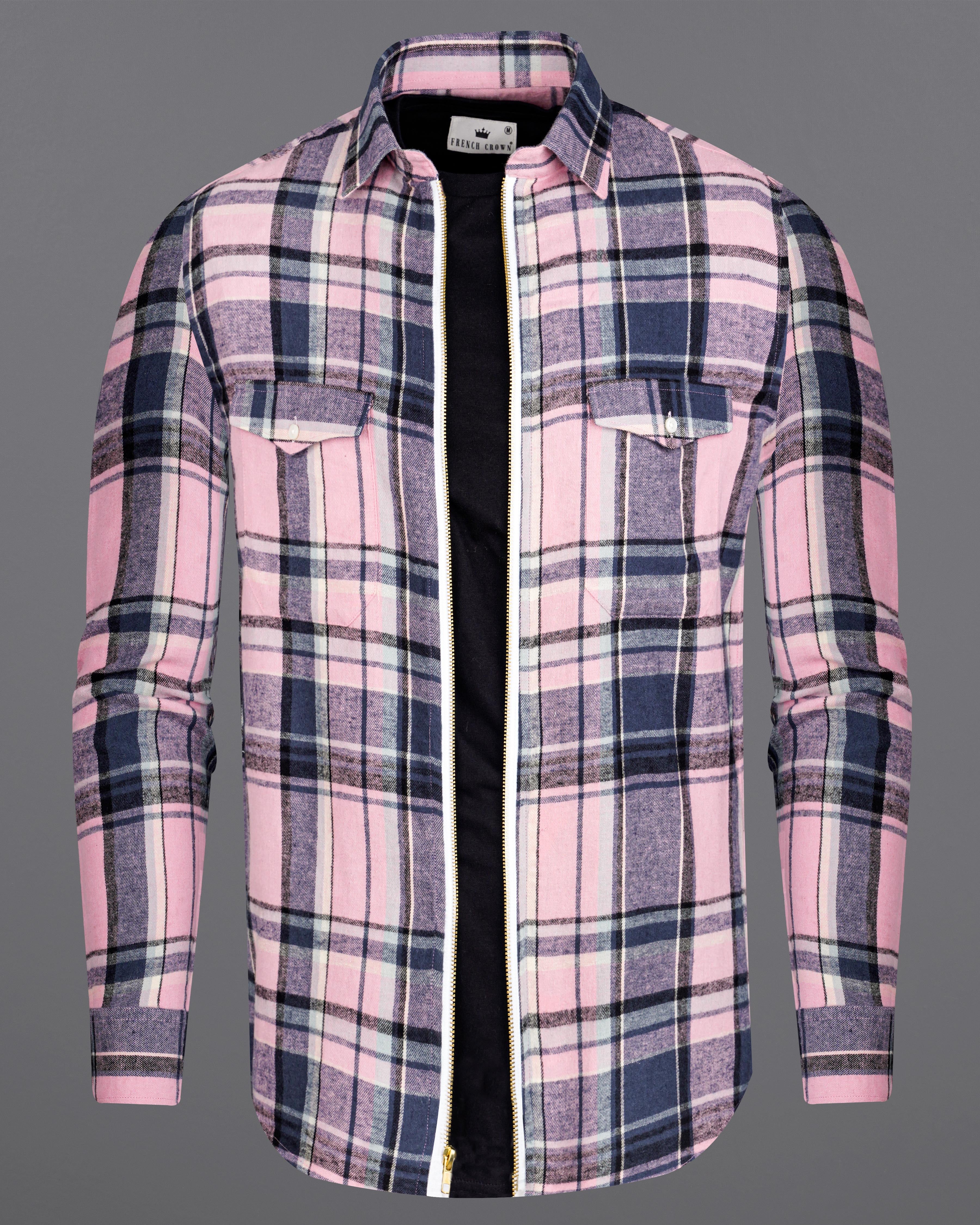 Azalea Pink with Chambray Navy Blue and Black Plaid Flannel Designer Overshirt/Shacket with Zipper Closure 8443-OS-FP-38, 8443-OS-FP-H-38, 8443-OS-FP-39, 8443-OS-FP-H-39, 8443-OS-FP-40, 8443-OS-FP-H-40, 8443-OS-FP-42, 8443-OS-FP-H-42, 8443-OS-FP-44, 8443-OS-FP-H-44, 8443-OS-FP-46, 8443-OS-FP-H-46, 8443-OS-FP-48, 8443-OS-FP-H-48, 8443-OS-FP-50, 8443-OS-FP-H-50, 8443-OS-FP-52, 8443-OS-FP-H-52