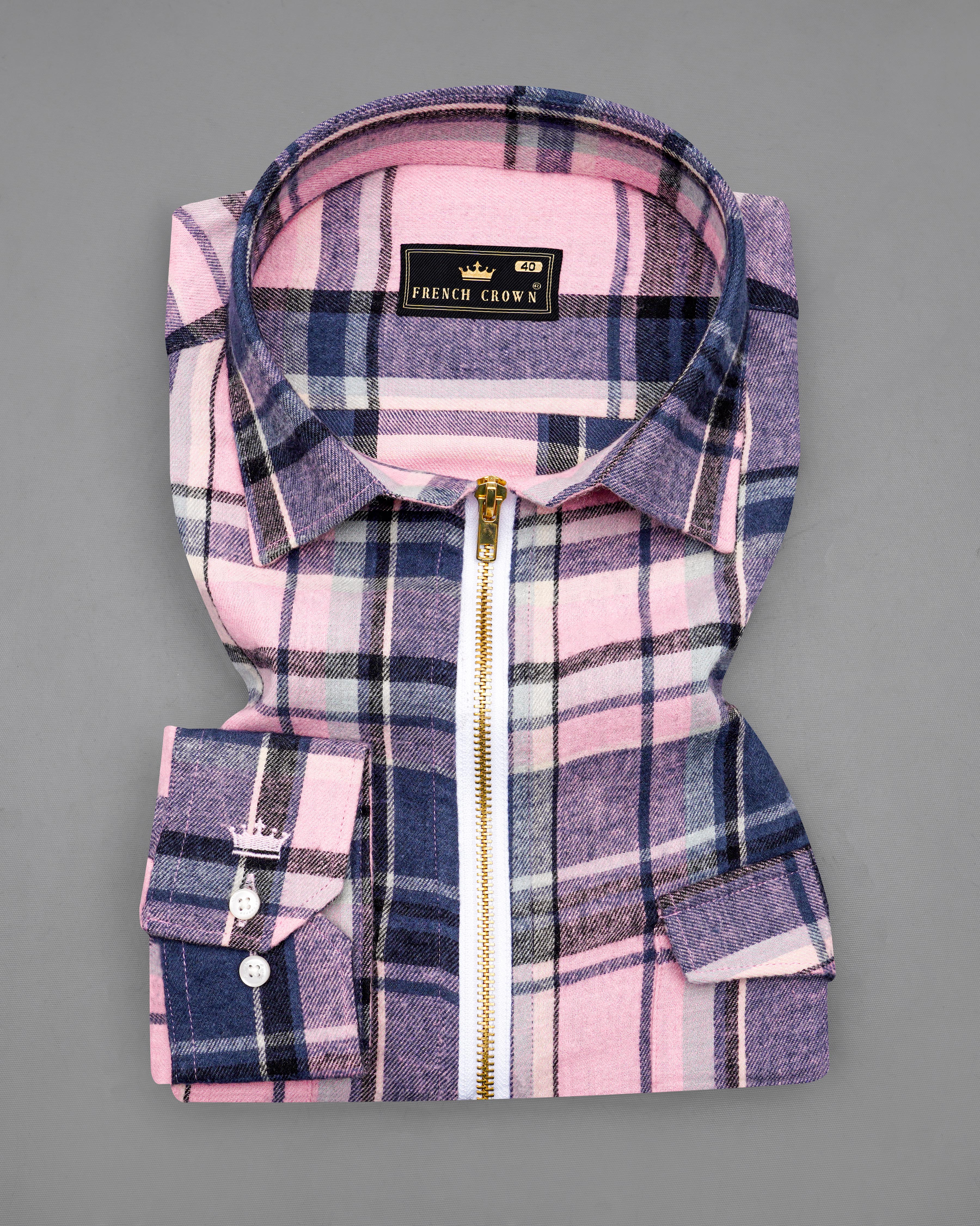 Azalea Pink with Chambray Navy Blue and Black Plaid Flannel Designer Overshirt/Shacket with Zipper Closure 8443-OS-FP-38, 8443-OS-FP-H-38, 8443-OS-FP-39, 8443-OS-FP-H-39, 8443-OS-FP-40, 8443-OS-FP-H-40, 8443-OS-FP-42, 8443-OS-FP-H-42, 8443-OS-FP-44, 8443-OS-FP-H-44, 8443-OS-FP-46, 8443-OS-FP-H-46, 8443-OS-FP-48, 8443-OS-FP-H-48, 8443-OS-FP-50, 8443-OS-FP-H-50, 8443-OS-FP-52, 8443-OS-FP-H-52