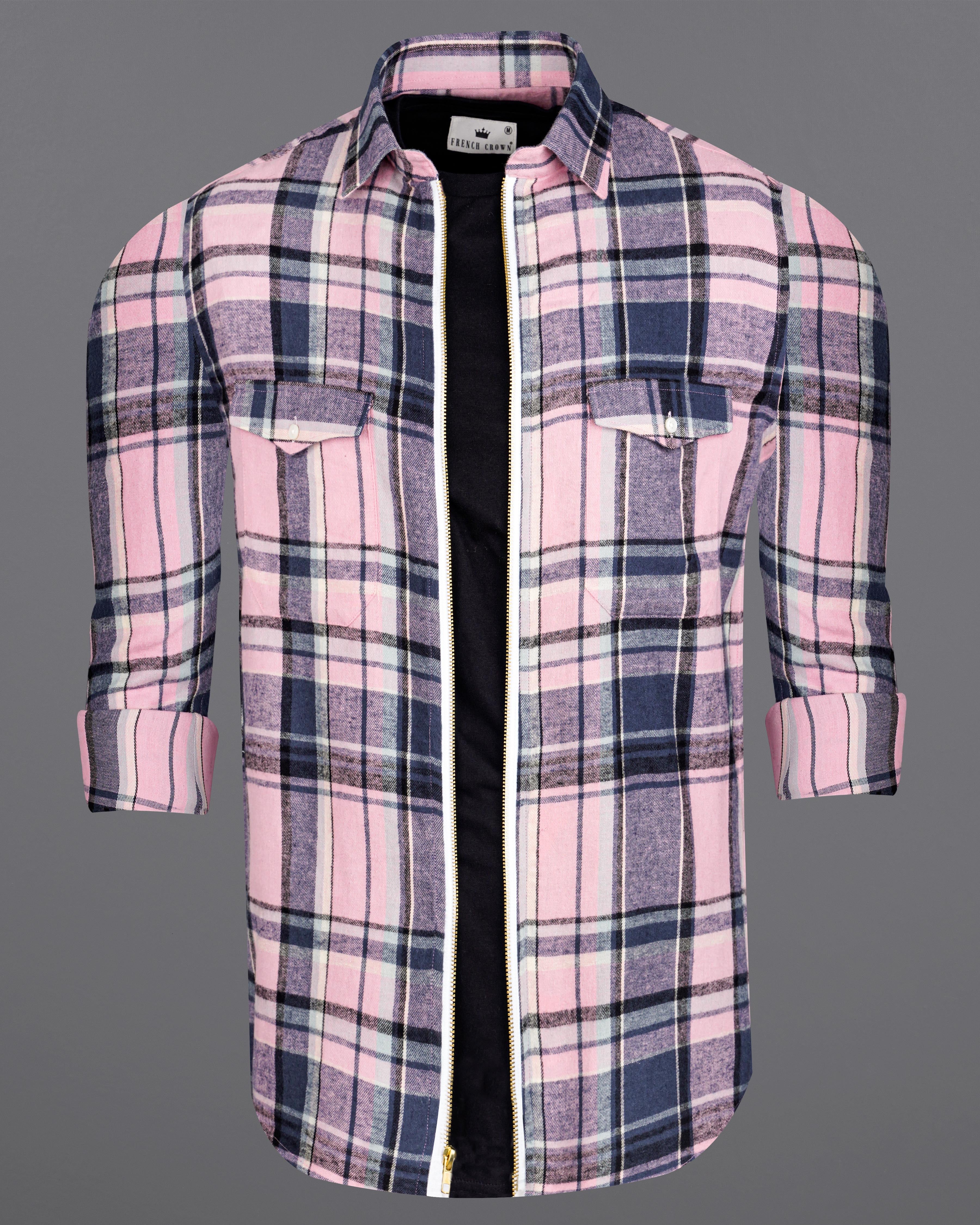 Azalea Pink with Chambray Navy Blue and Black Plaid Flannel Designer Overshirt/Shacket with Zipper Closure 8443-OS-FP-38, 8443-OS-FP-H-38, 8443-OS-FP-39, 8443-OS-FP-H-39, 8443-OS-FP-40, 8443-OS-FP-H-40, 8443-OS-FP-42, 8443-OS-FP-H-42, 8443-OS-FP-44, 8443-OS-FP-H-44, 8443-OS-FP-46, 8443-OS-FP-H-46, 8443-OS-FP-48, 8443-OS-FP-H-48, 8443-OS-FP-50, 8443-OS-FP-H-50, 8443-OS-FP-52, 8443-OS-FP-H-52