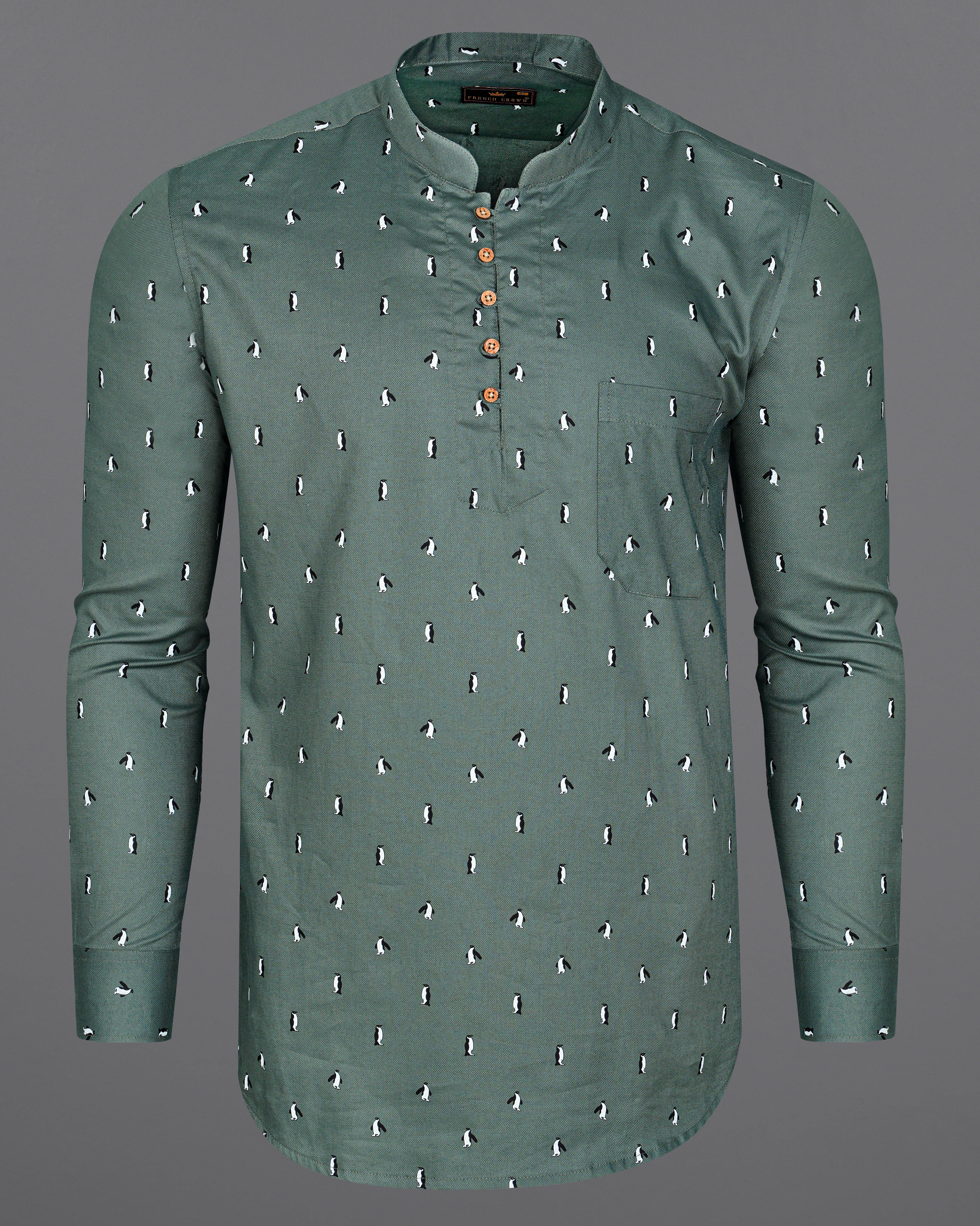 Cactus Green Penguin Printed Dobby Premium Giza Cotton Kurta Shirt  8594-KS-38,8594-KS-H-38,8594-KS-39,8594-KS-H-39,8594-KS-40,8594-KS-H-40,8594-KS-42,8594-KS-H-42,8594-KS-44,8594-KS-H-44,8594-KS-46,8594-KS-H-46,8594-KS-48,8594-KS-H-48,8594-KS-50,8594-KS-H-50,8594-KS-52,8594-KS-H-52