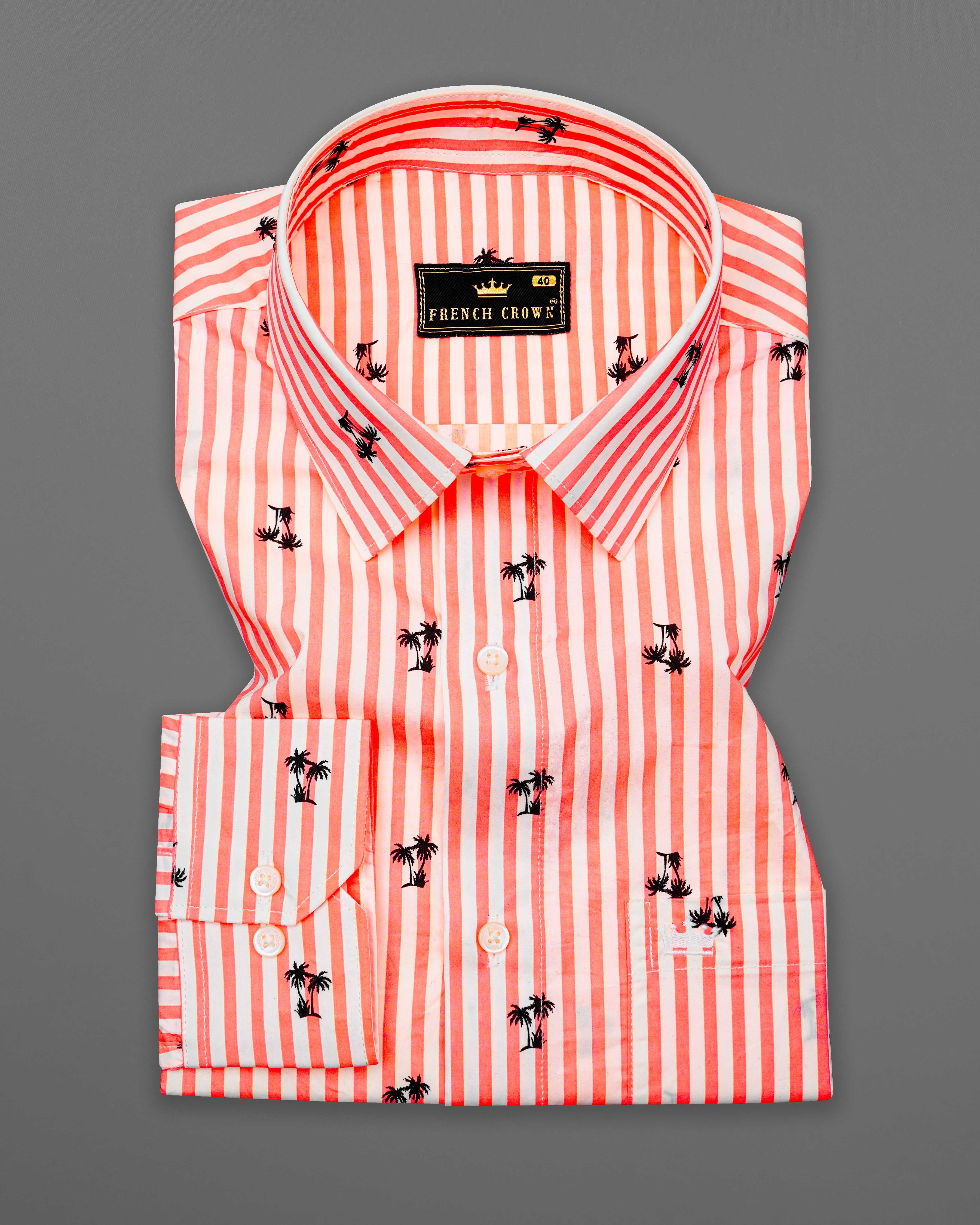 Portland Orange and Cream Striped with Trees Printed Premium Cotton Shirt  8617-38,8617-H-38,8617-39,8617-H-39,8617-40,8617-H-40,8617-42,8617-H-42,8617-44,8617-H-44,8617-46,8617-H-46,8617-48,8617-H-48,8617-50,8617-H-50,8617-52,8617-H-52