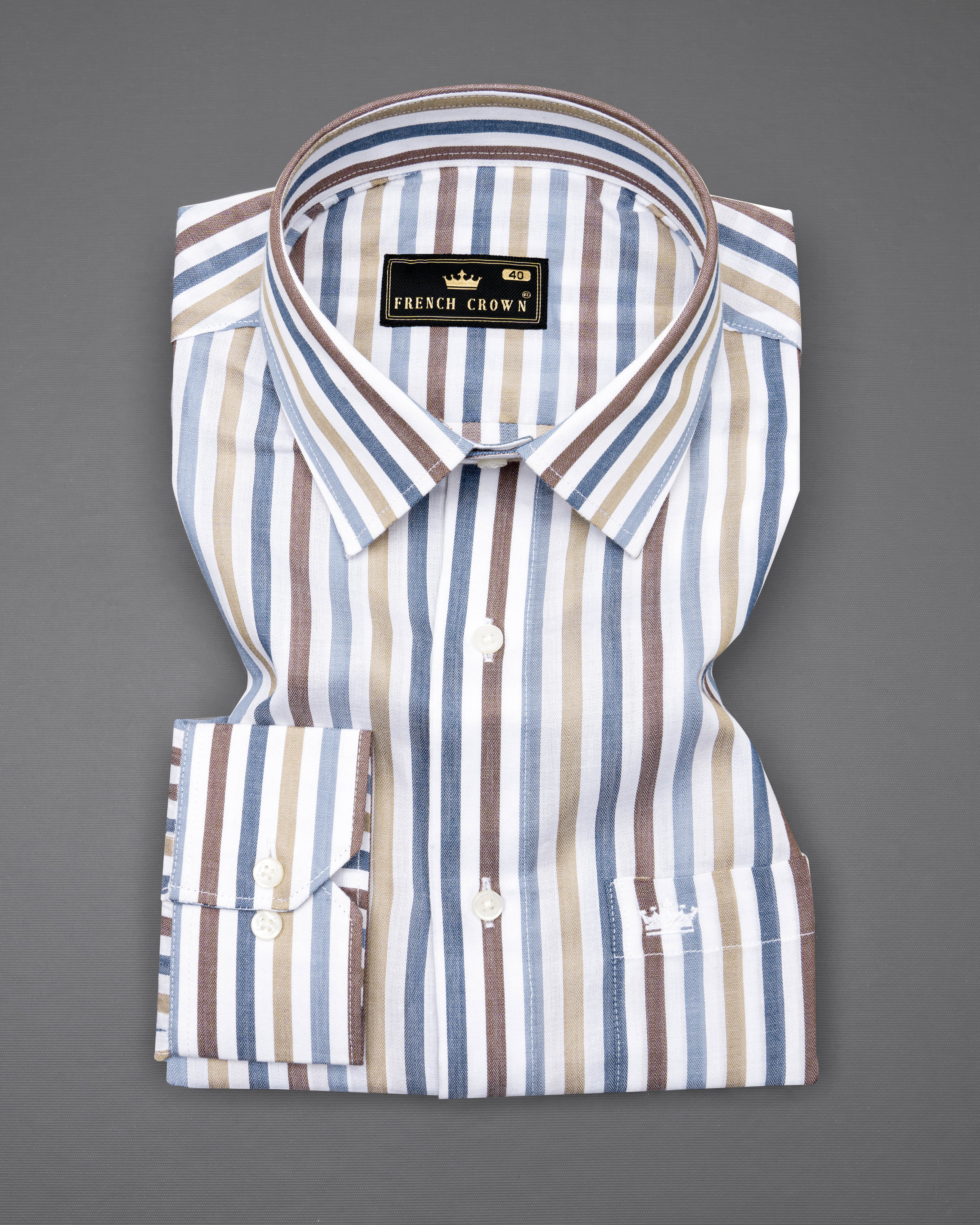 Bright White with Clam Shell Brown Multicolour Striped Premium Cotton Shirt  8633-38,8633-H-38,8633-39,8633-H-39,8633-40,8633-H-40,8633-42,8633-H-42,8633-44,8633-H-44,8633-46,8633-H-46,8633-48,8633-H-48,8633-50,8633-H-50,8633-52,8633-H-52