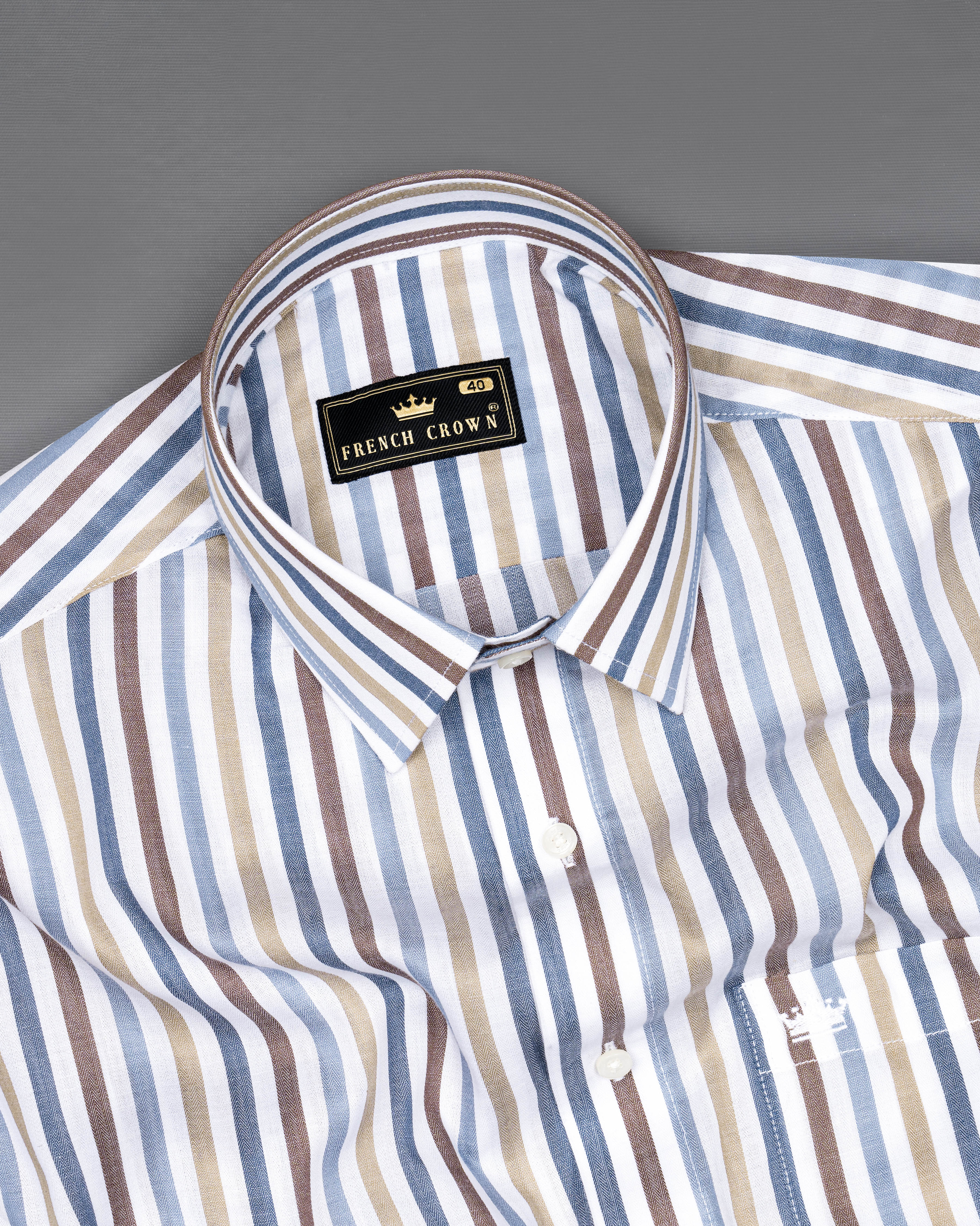 Bright White with Clam Shell Brown Multicolour Striped Premium Cotton Shirt  8633-38,8633-H-38,8633-39,8633-H-39,8633-40,8633-H-40,8633-42,8633-H-42,8633-44,8633-H-44,8633-46,8633-H-46,8633-48,8633-H-48,8633-50,8633-H-50,8633-52,8633-H-52