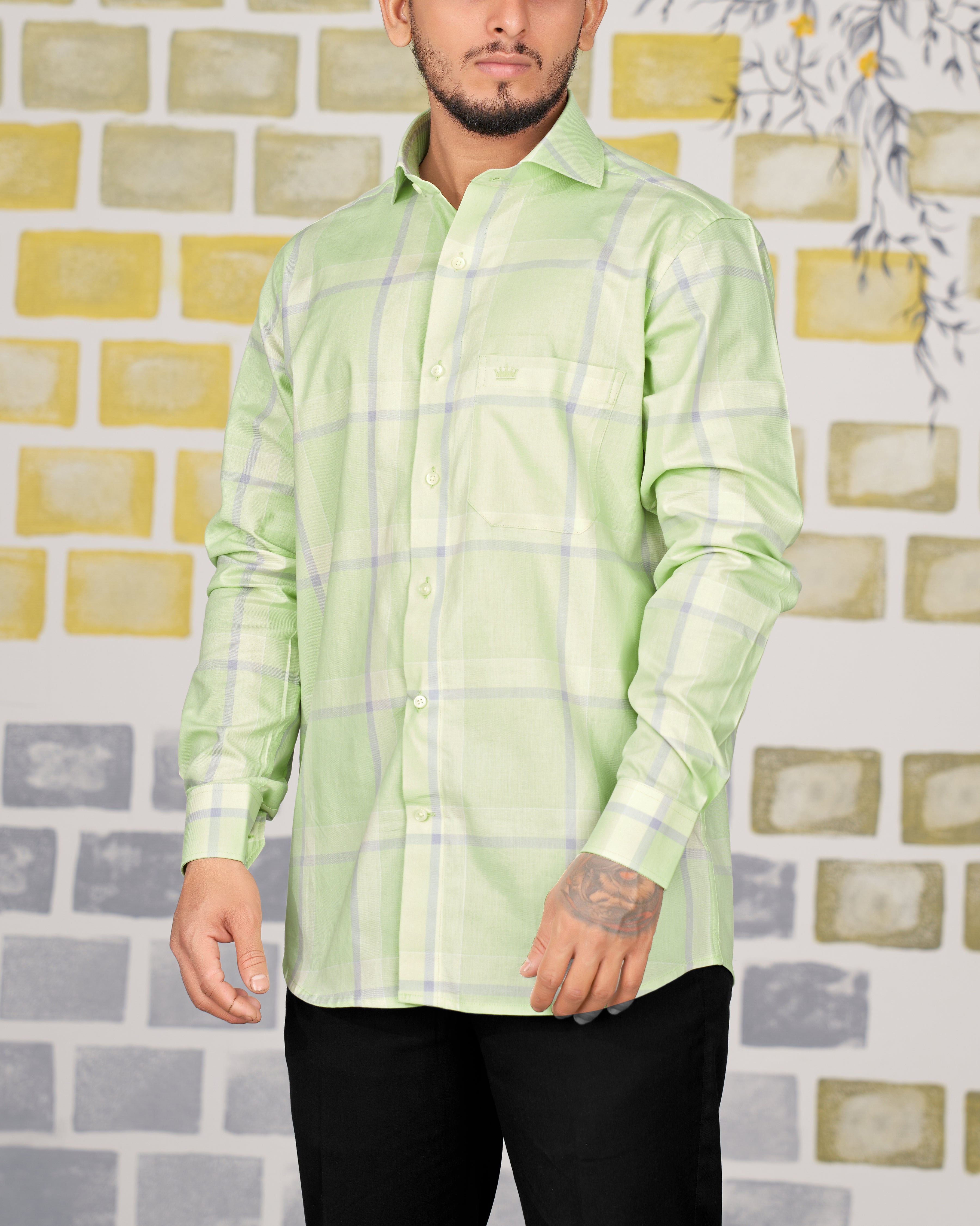 Beryl Green Twill Windowpane Premium Cotton Shirt