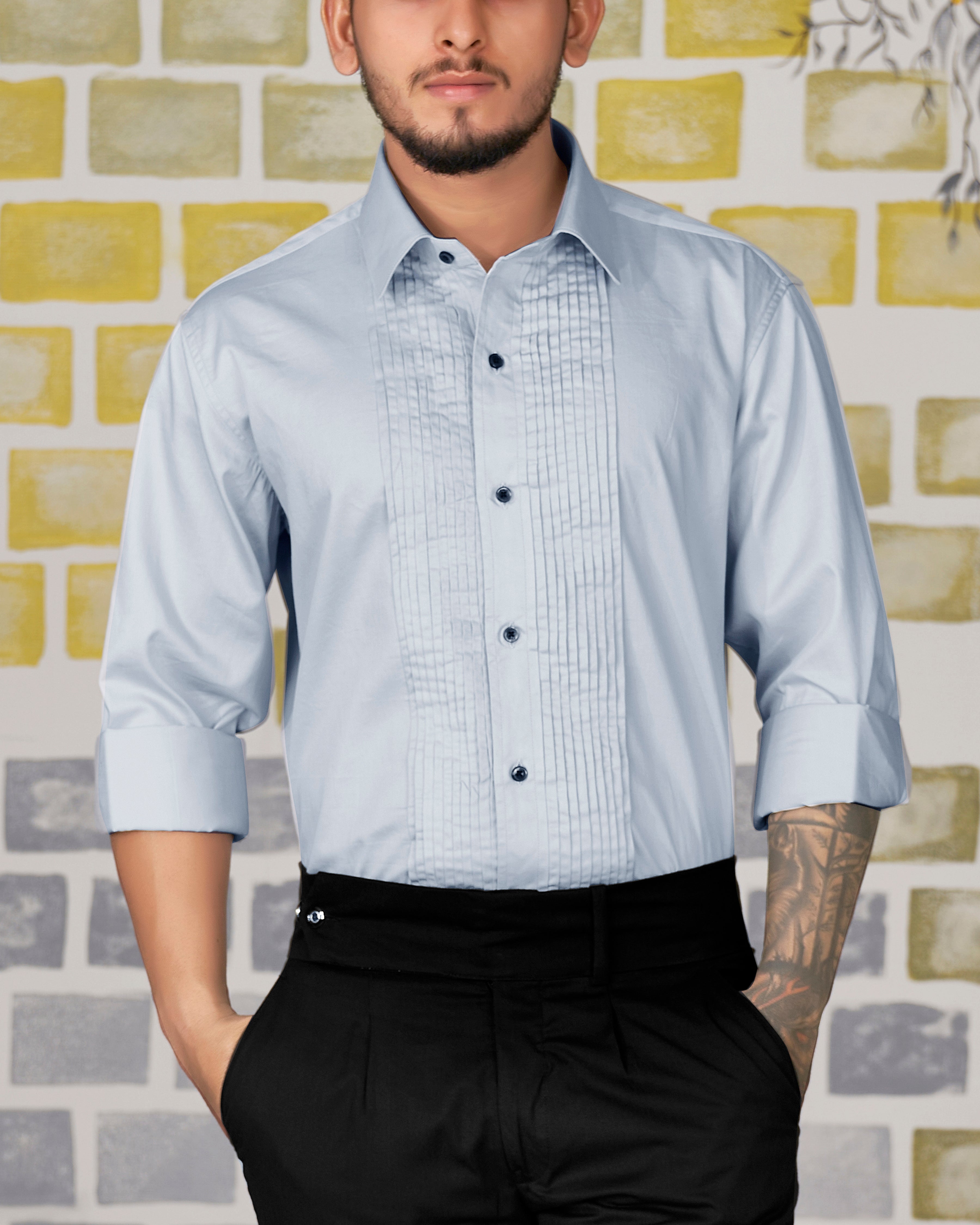 Oyster Blue Subtle Sheen Snake Pleated Super Soft Premium Cotton Tuxedo Shirt