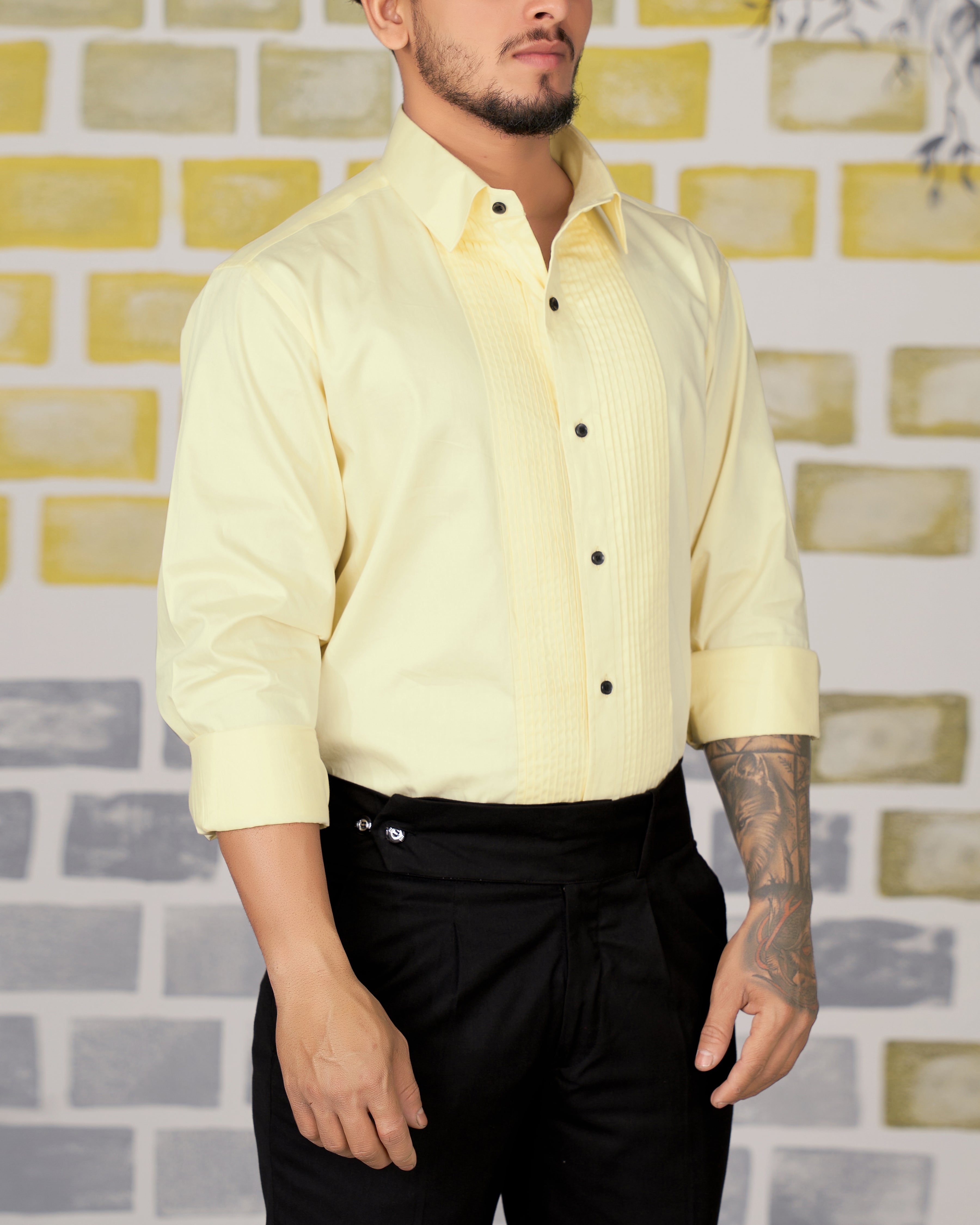 Oasis Yellow Subtle Sheen Snake Pleated Super Soft Premium Cotton Tuxedo Shirt