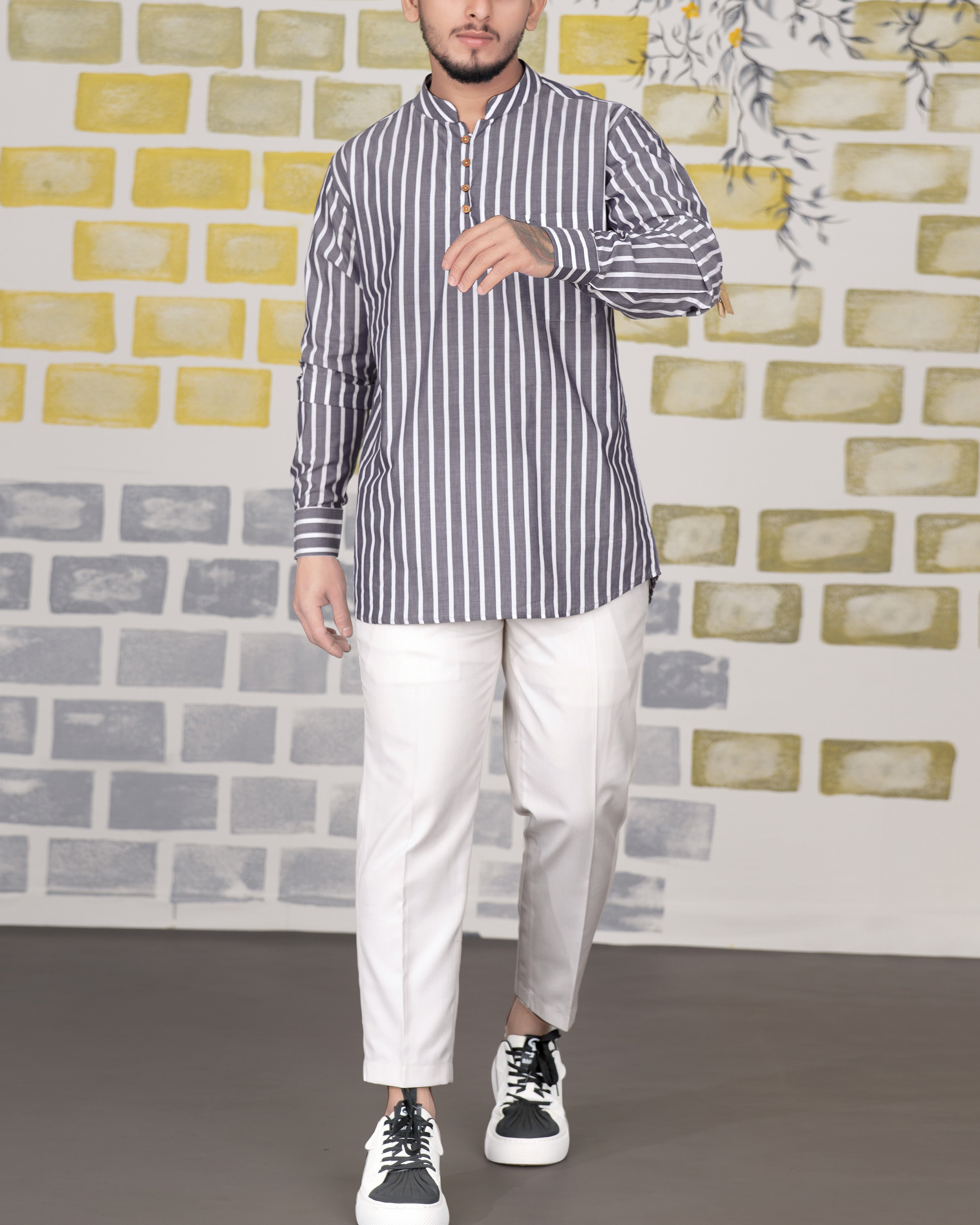 Cloudy Gray Striped Premium Cotton Kurta Shirt