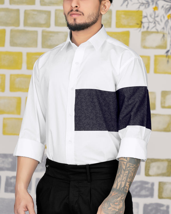 Bright White with Rangoon Navy Blue Patch Work Premium Cotton Designer Shirt