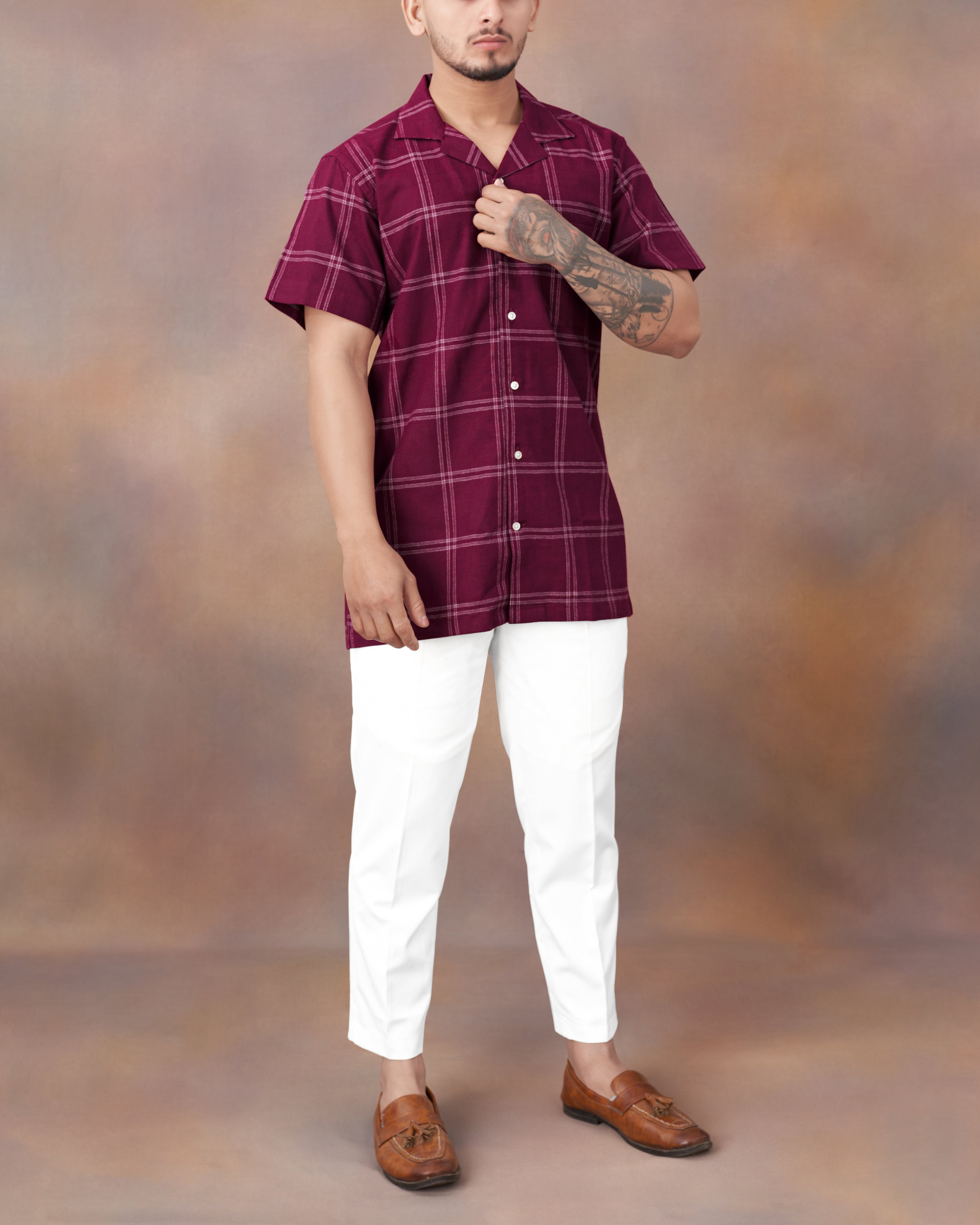 Barossa Maroon checkered half sleeve Flannel Shirt