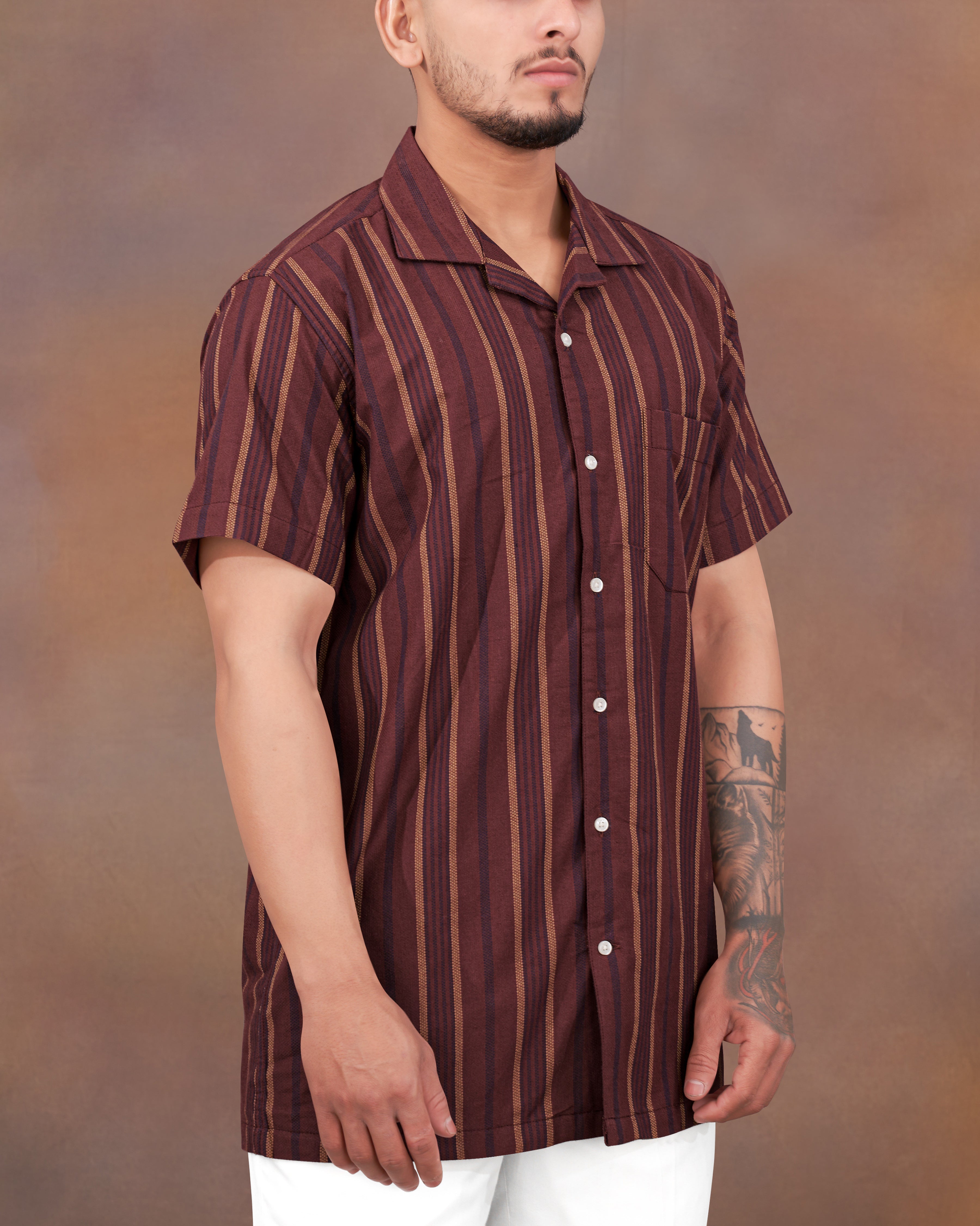 Sanguine Brown Multicolour Striped Dobby Textured Premium Giza Cotton Shirt