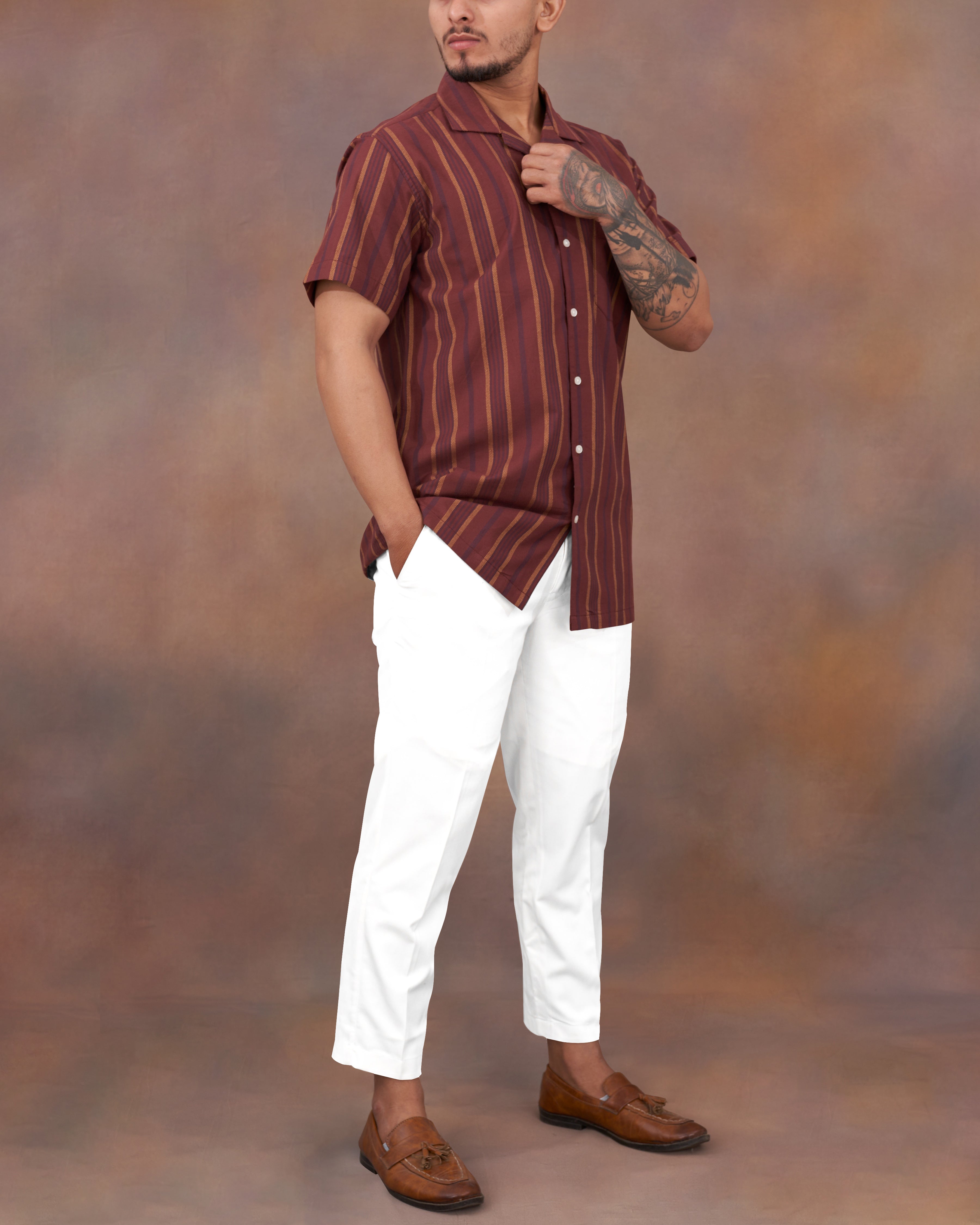 Sanguine Brown Multicolour Striped Dobby Textured Premium Giza Cotton Shirt