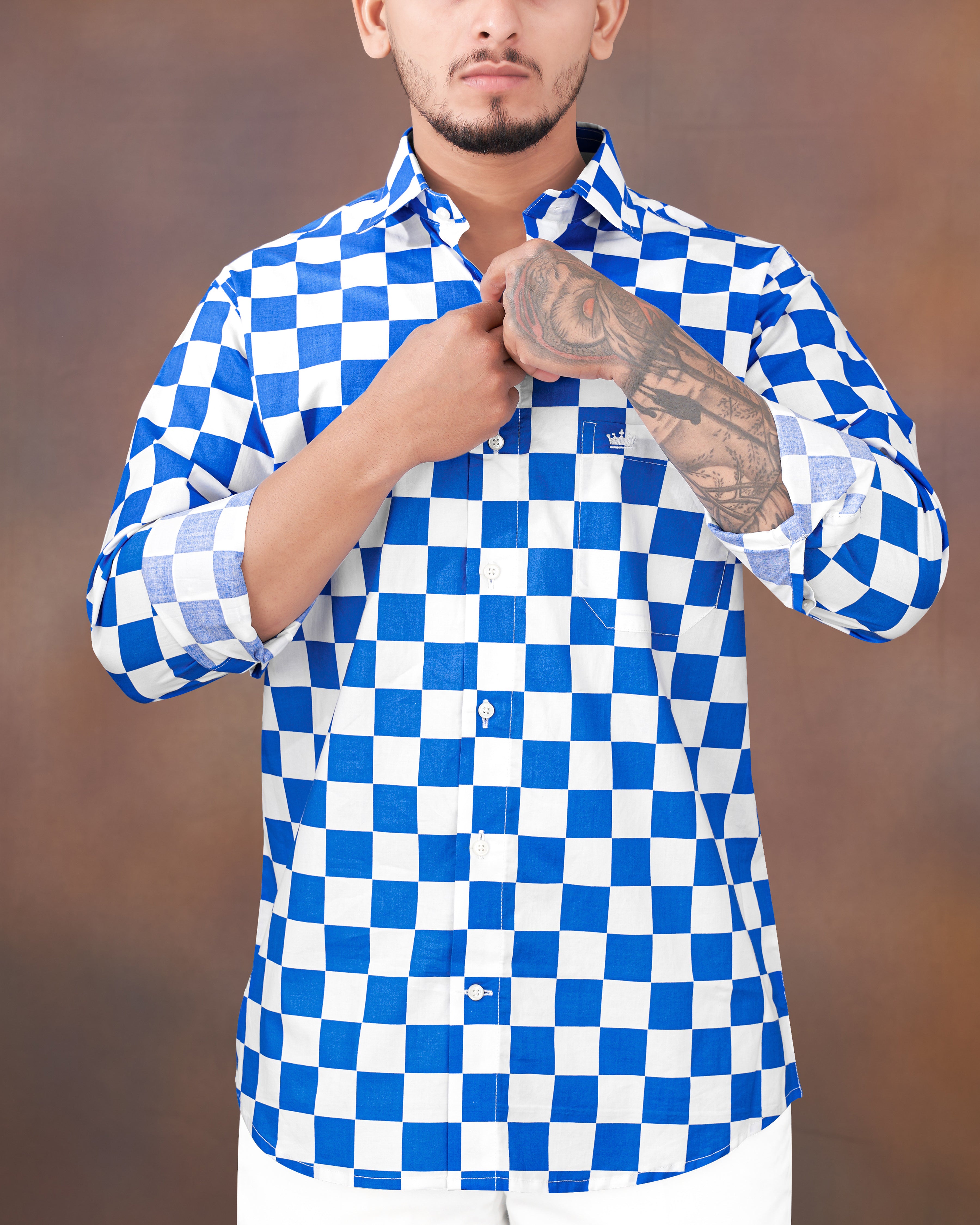 Sapphire Blue and White Checked Premium Cotton Shirt