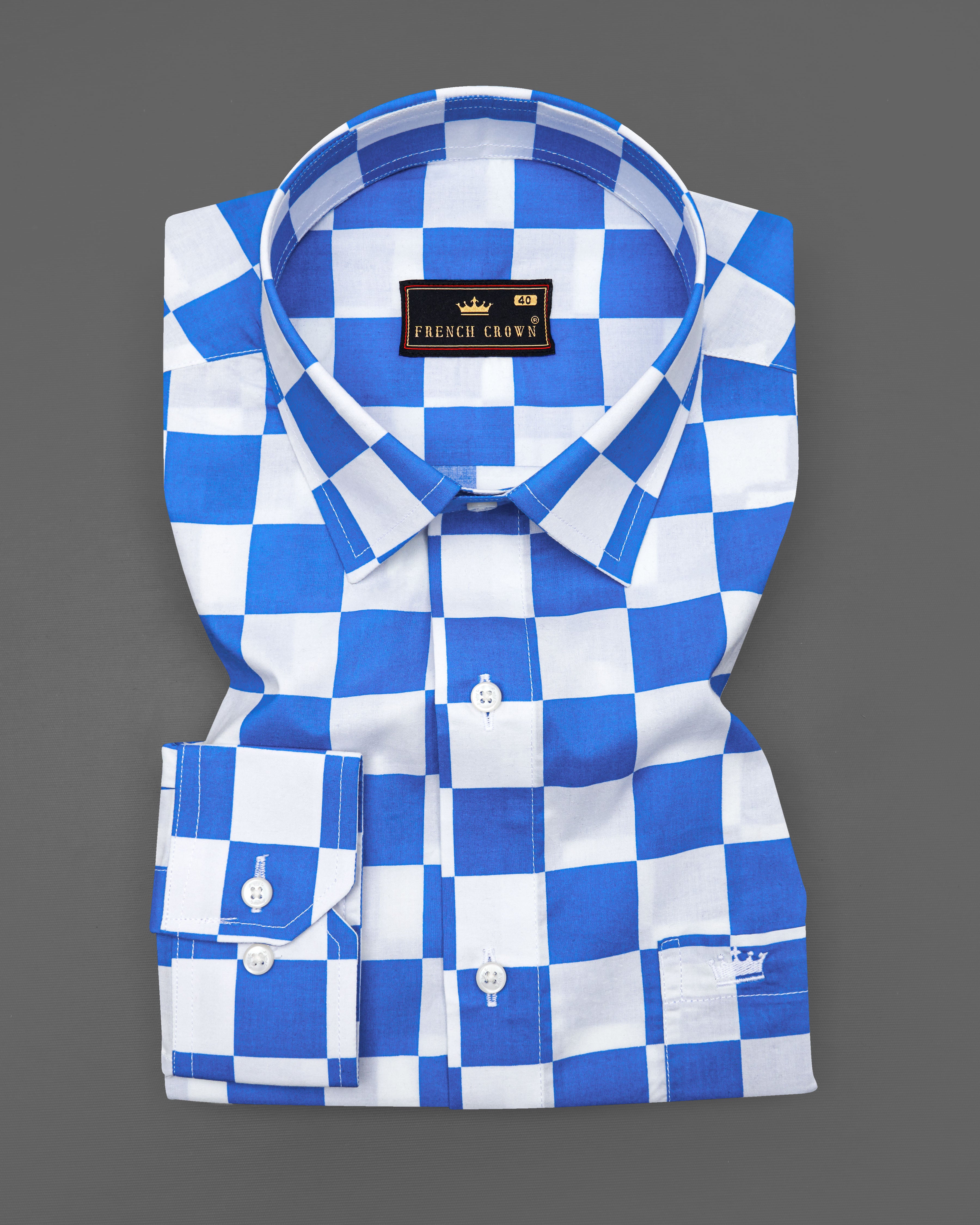 Sapphire Blue and White Checked Premium Cotton Shirt  8748-38,8748-H-38,8748-39,8748-H-39,8748-40,8748-H-40,8748-42,8748-H-42,8748-44,8748-H-44,8748-46,8748-H-46,8748-48,8748-H-48,8748-50,8748-H-50,8748-52,8748-H-52