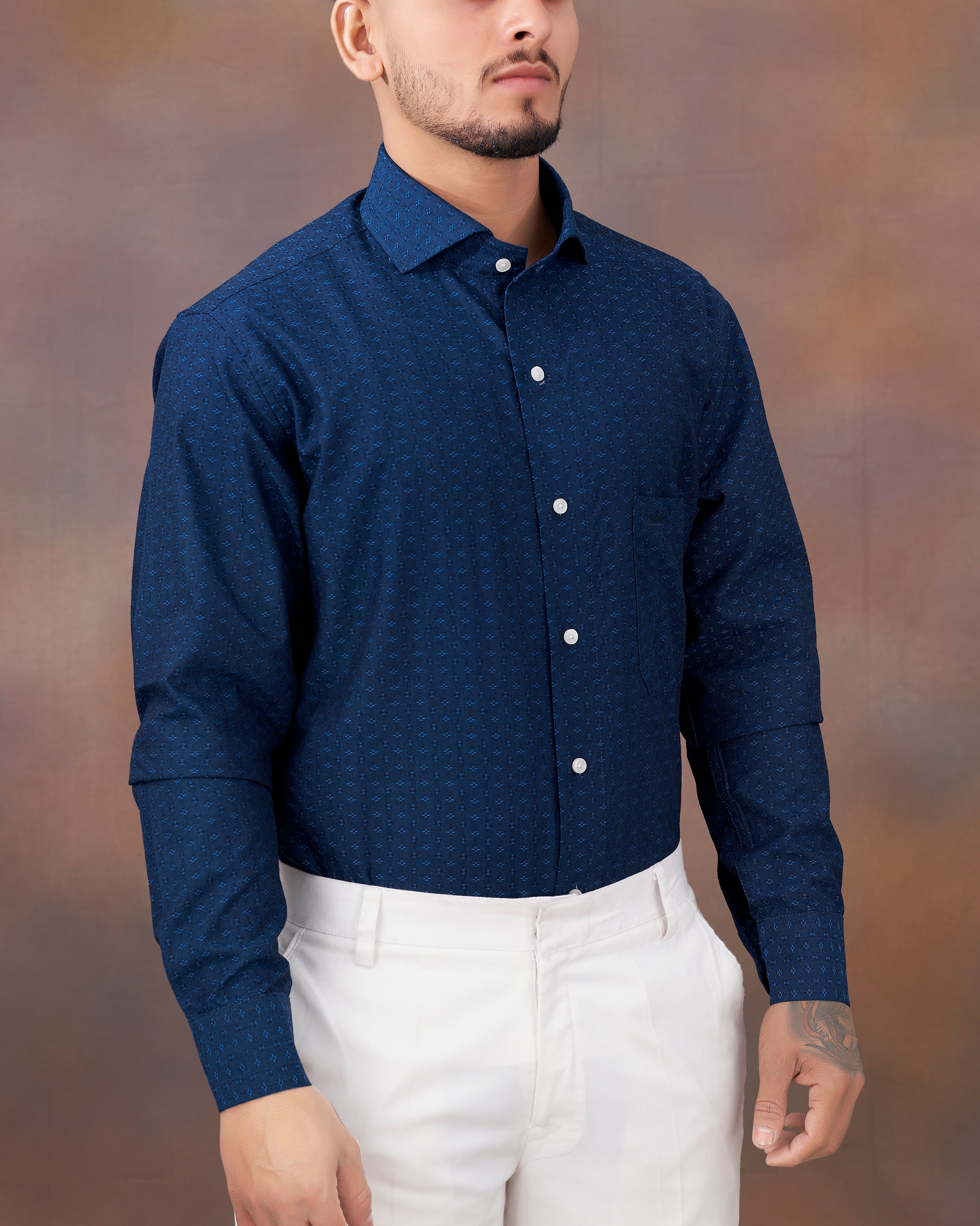 Zodiac Navy Blue Dobby Textured Premium Giza Cotton Shirt
