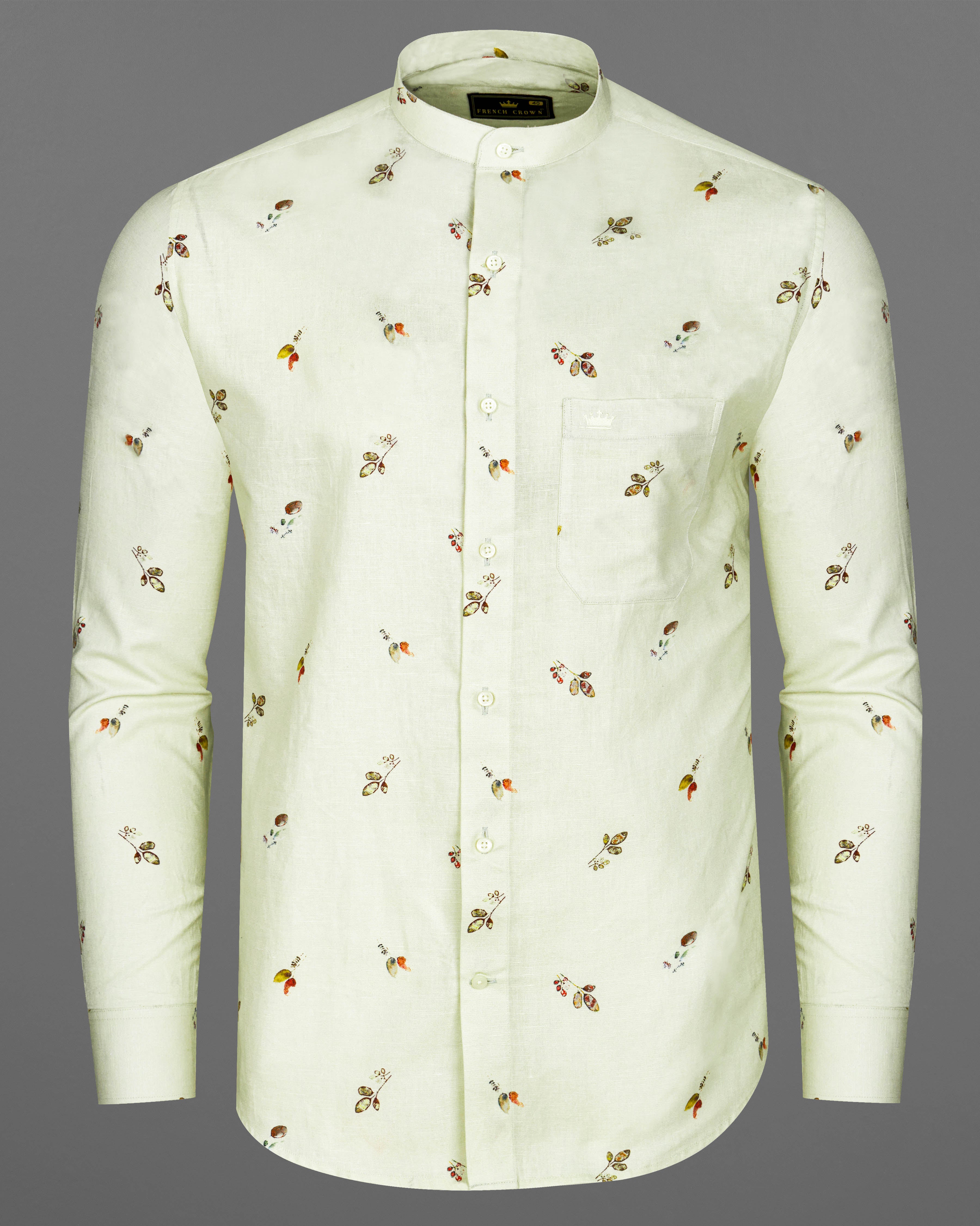 Beryl Beige Leaves Printed Luxurious Linen Shirt  8787-M-38,8787-M-H-38,8787-M-39,8787-M-H-39,8787-M-40,8787-M-H-40,8787-M-42,8787-M-H-42,8787-M-44,8787-M-H-44,8787-M-46,8787-M-H-46,8787-M-48,8787-M-H-48,8787-M-50,8787-M-H-50,8787-M-52,8787-M-H-52