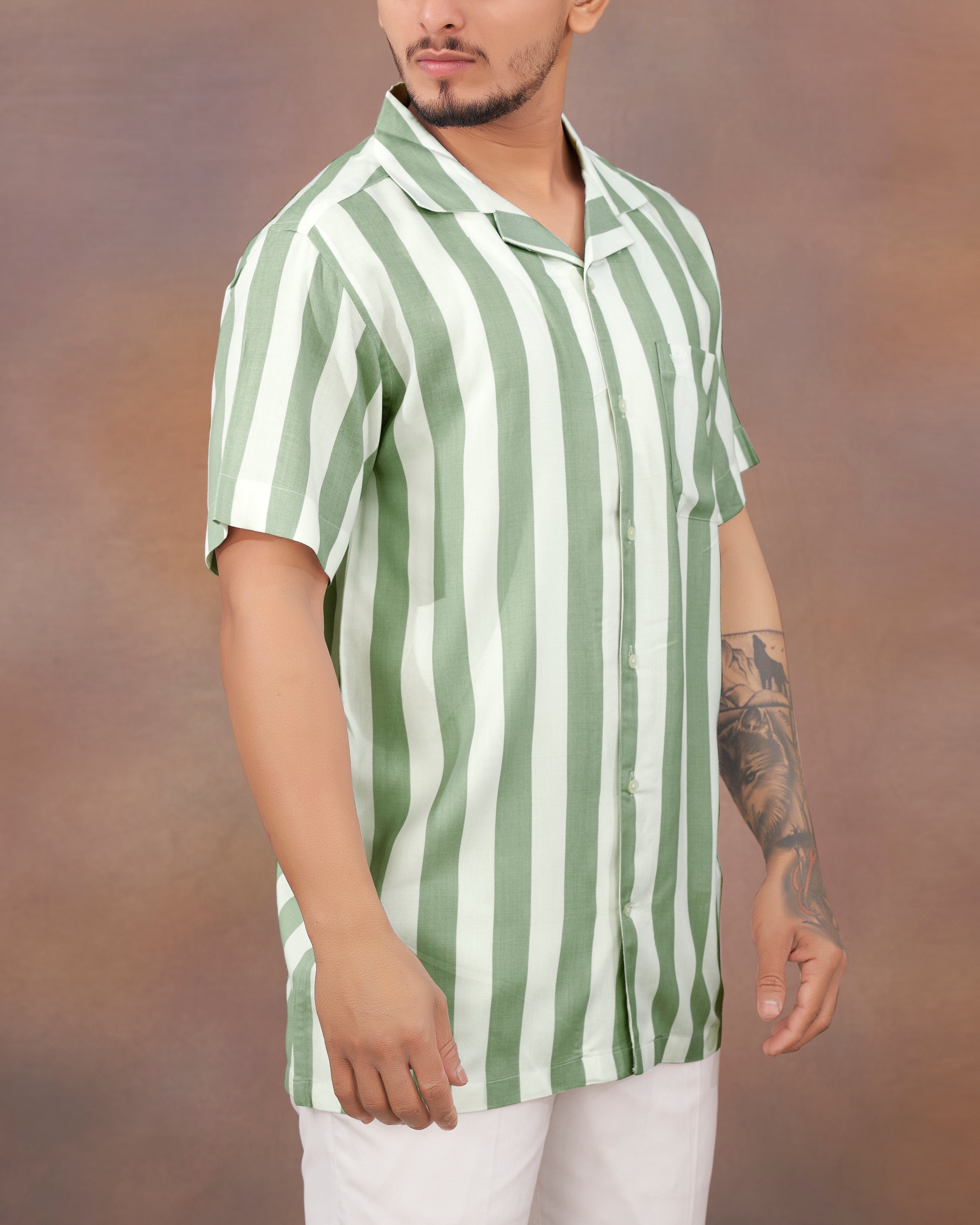 Coriander Green with Bright White Striped Premium Tencel Shirt