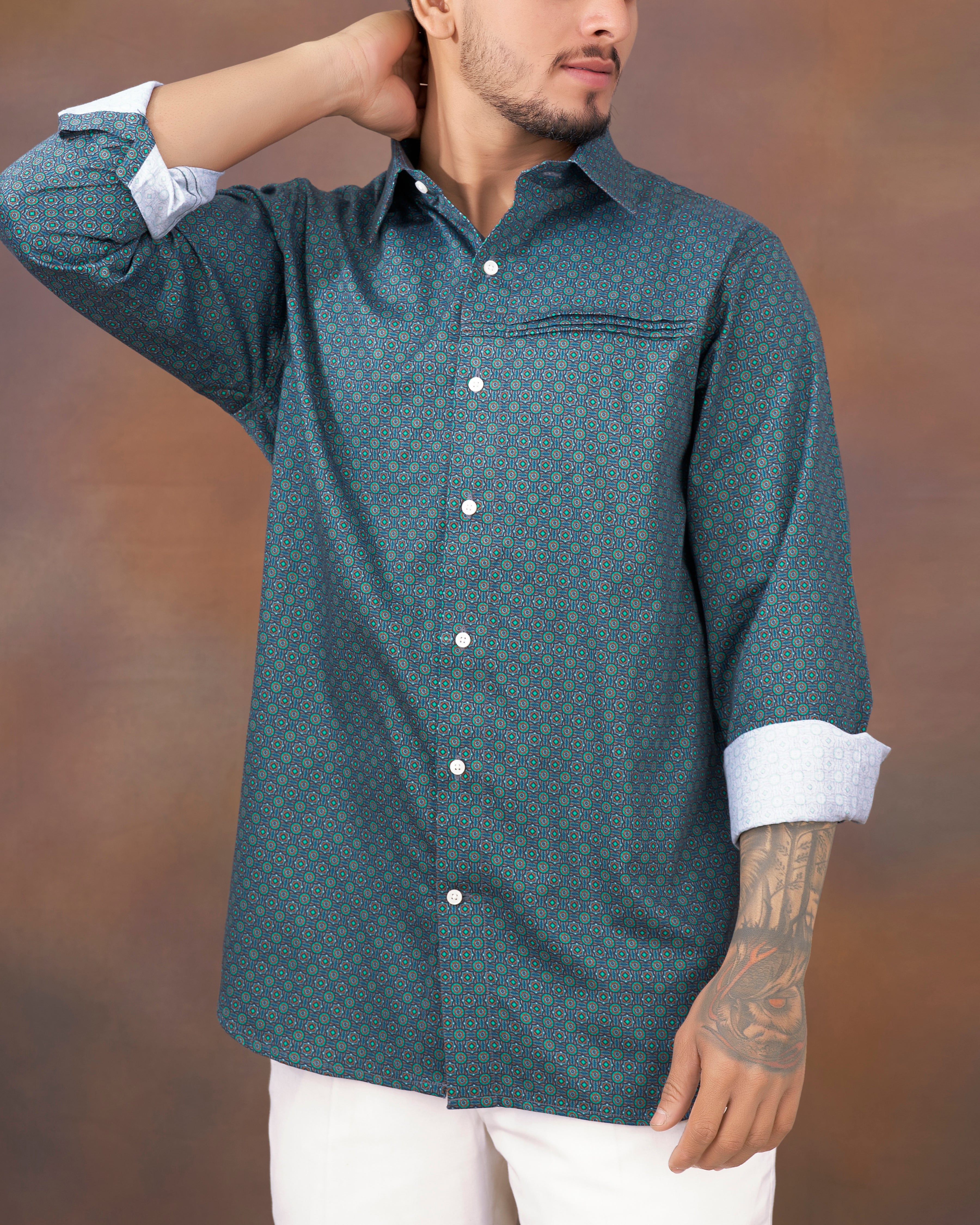Topaz Green with Rhino Blue Multicolour Printed Super Soft Premium Cotton Shirt