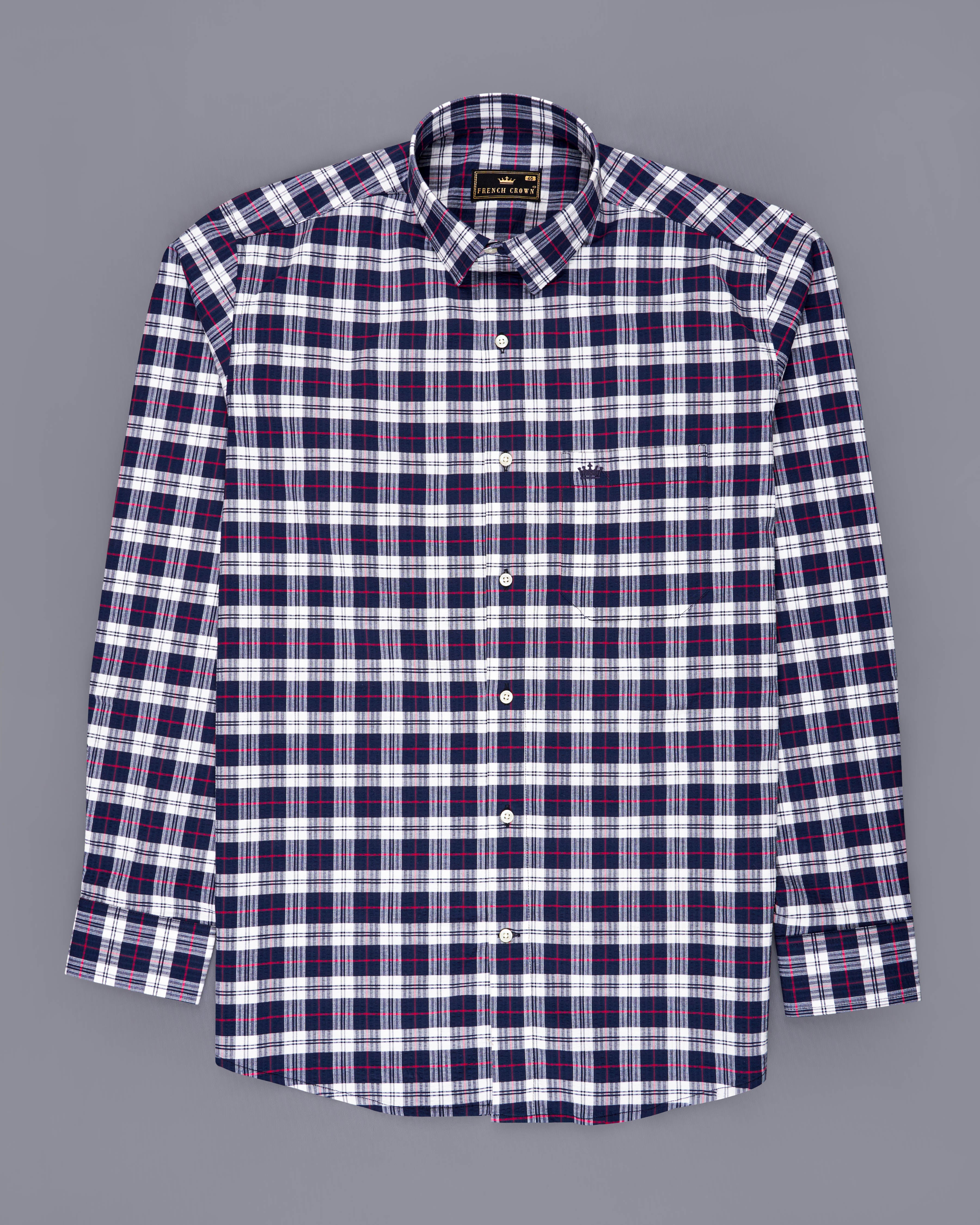 Bright White with Mirage Navy Blue Checkered Seersucker Premium Cotton Shirt  8804-38,8804-H-38,8804-39,8804-H-39,8804-40,8804-H-40,8804-42,8804-H-42,8804-44,8804-H-44,8804-46,8804-H-46,8804-48,8804-H-48,8804-50,8804-H-50,8804-52,8804-H-52