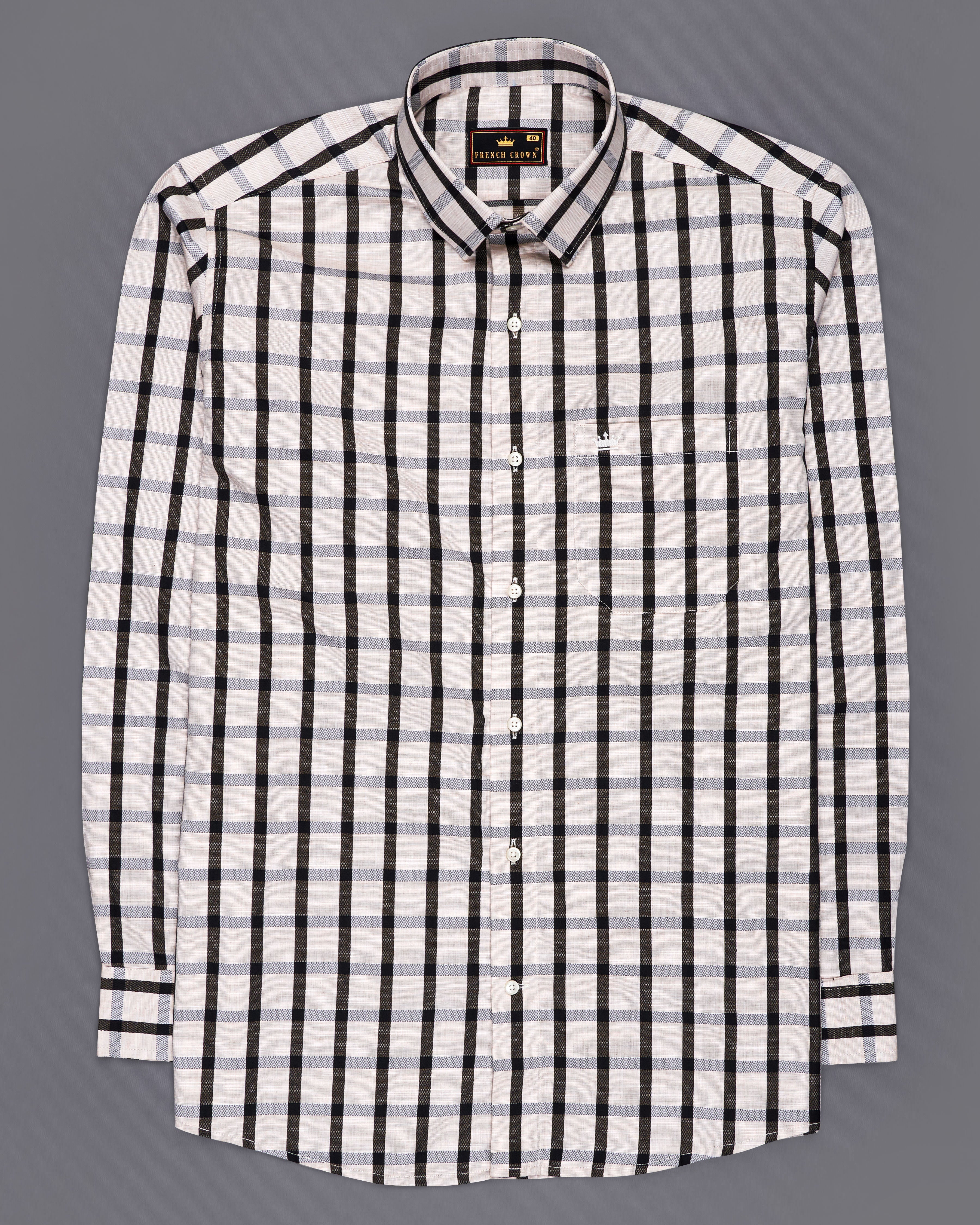 Sea Shell Off White and Jade Black Checkered Dobby Textured Premium Giza Cotton Shirt