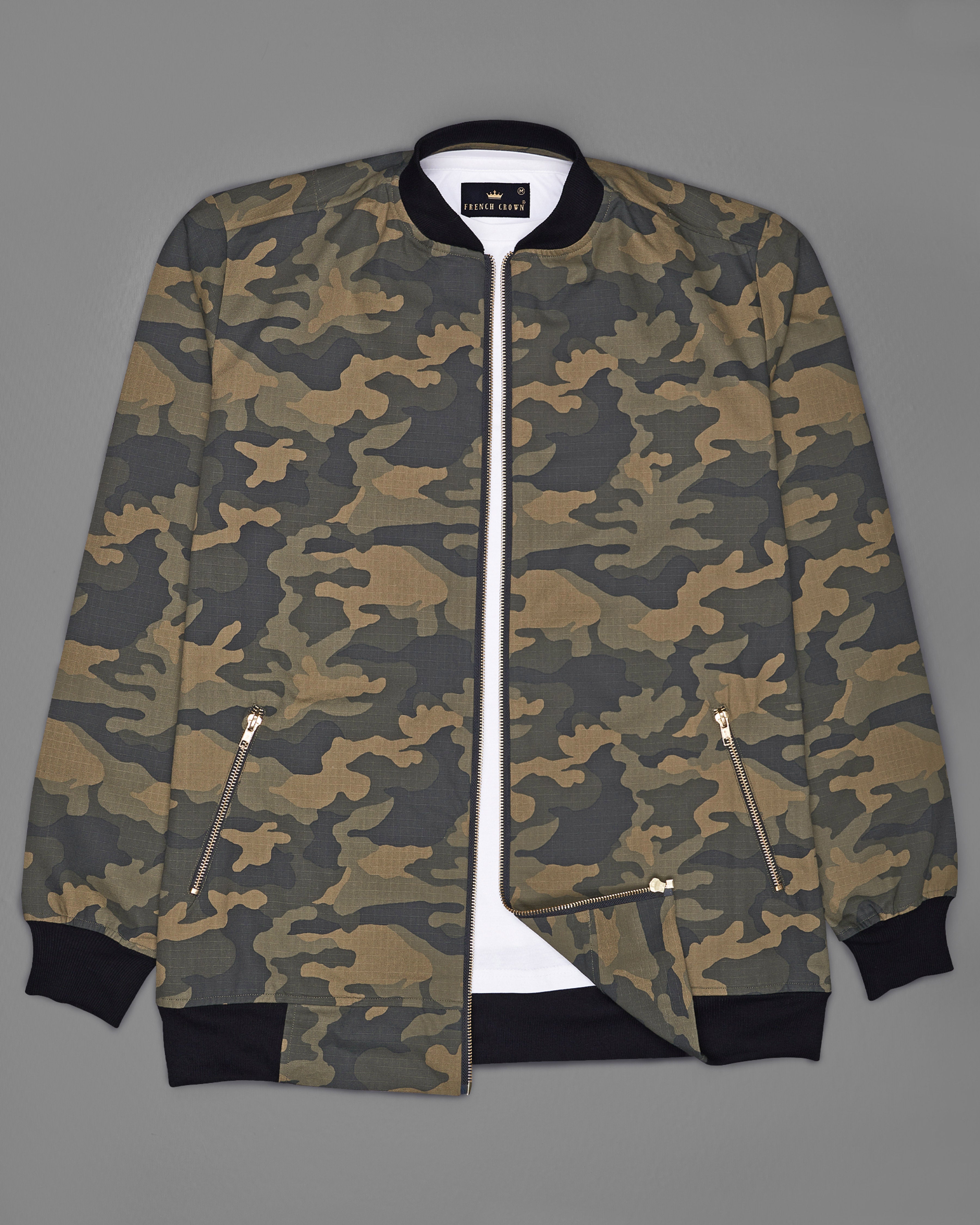 Finch Green and Tobacco Brown Camouflage Royal Oxford Bomber Jacket