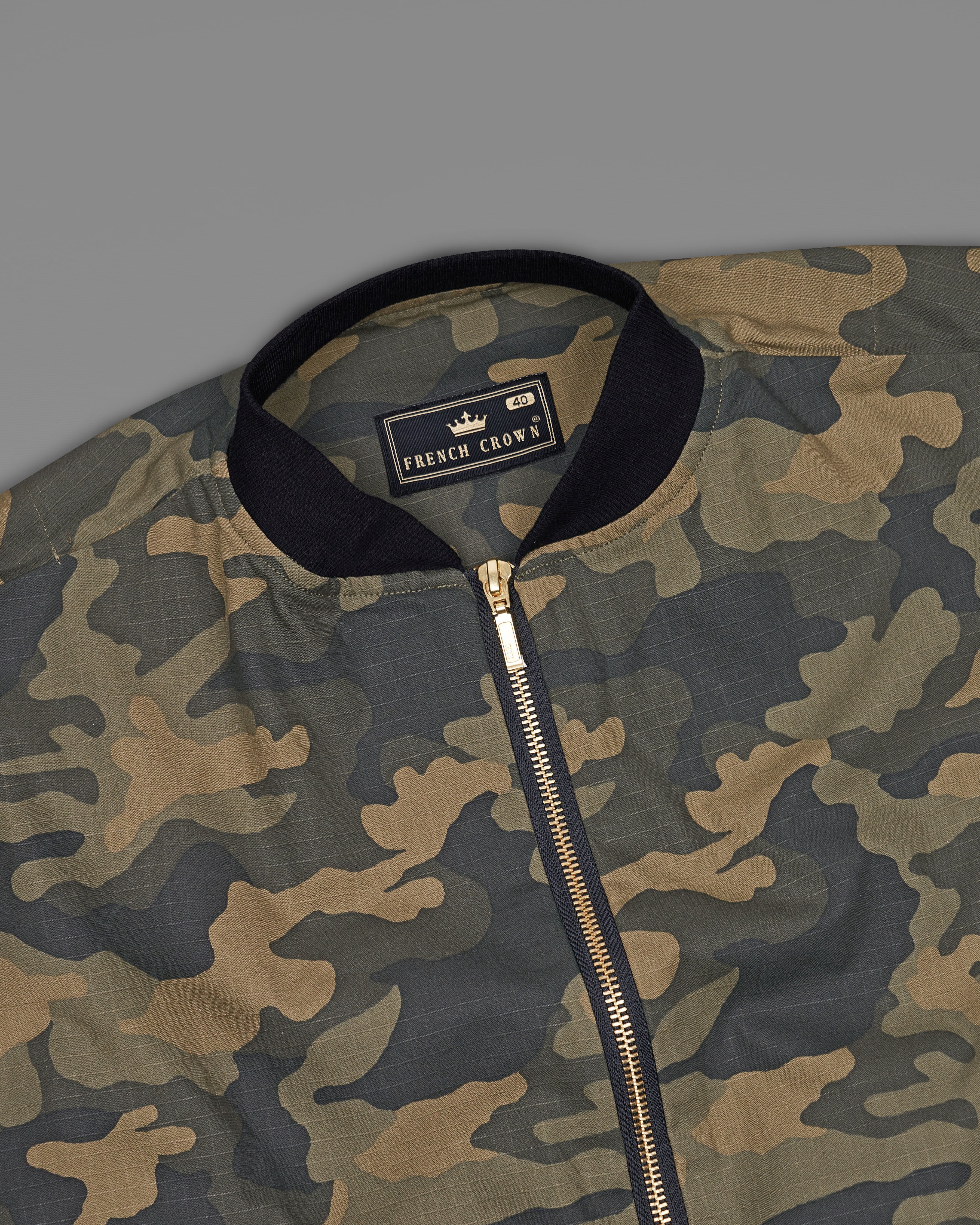 Finch Green and Tobacco Brown Camouflage Royal Oxford Bomber Jacket