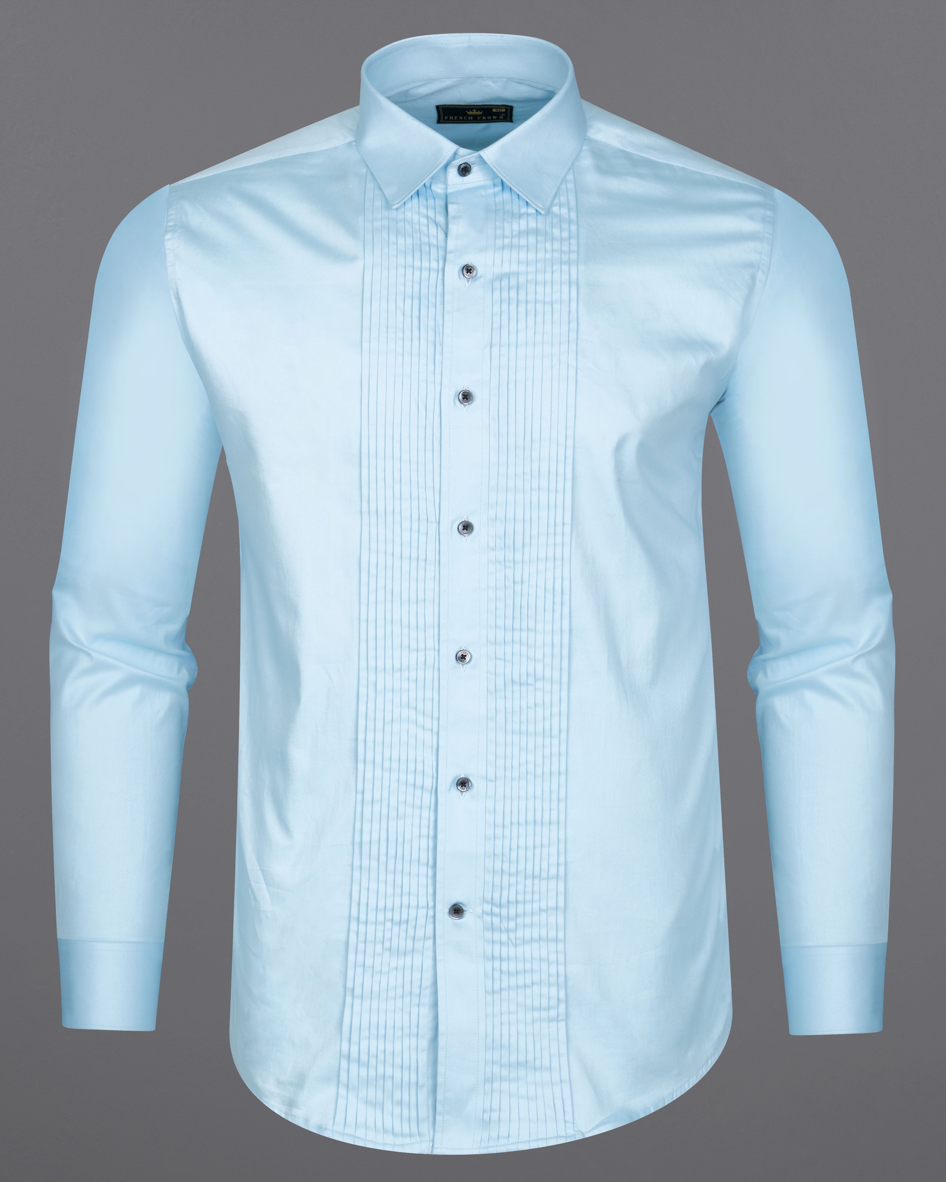 Turquoise Sky Blue Subtle Sheen Snake Pleated Super Soft Premium Cotton Tuxedo Shirt
