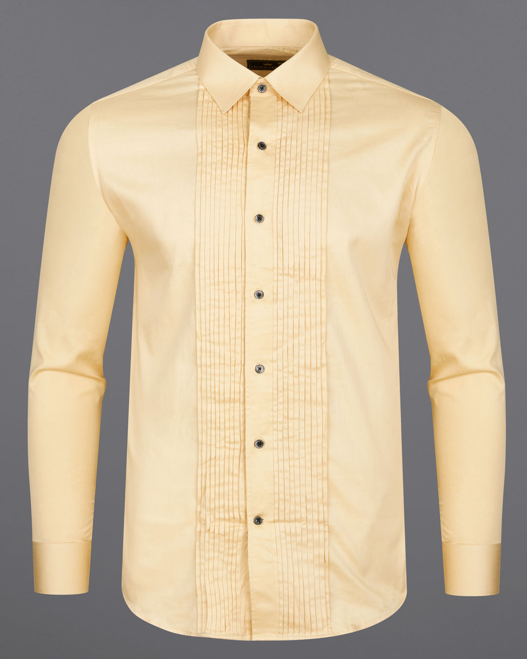 CHAMOIS YELLOW SUBTLE SHEEN SNAKE PLEATED SUPER SOFT PREMIUM COTTON TUXEDO SHIRT